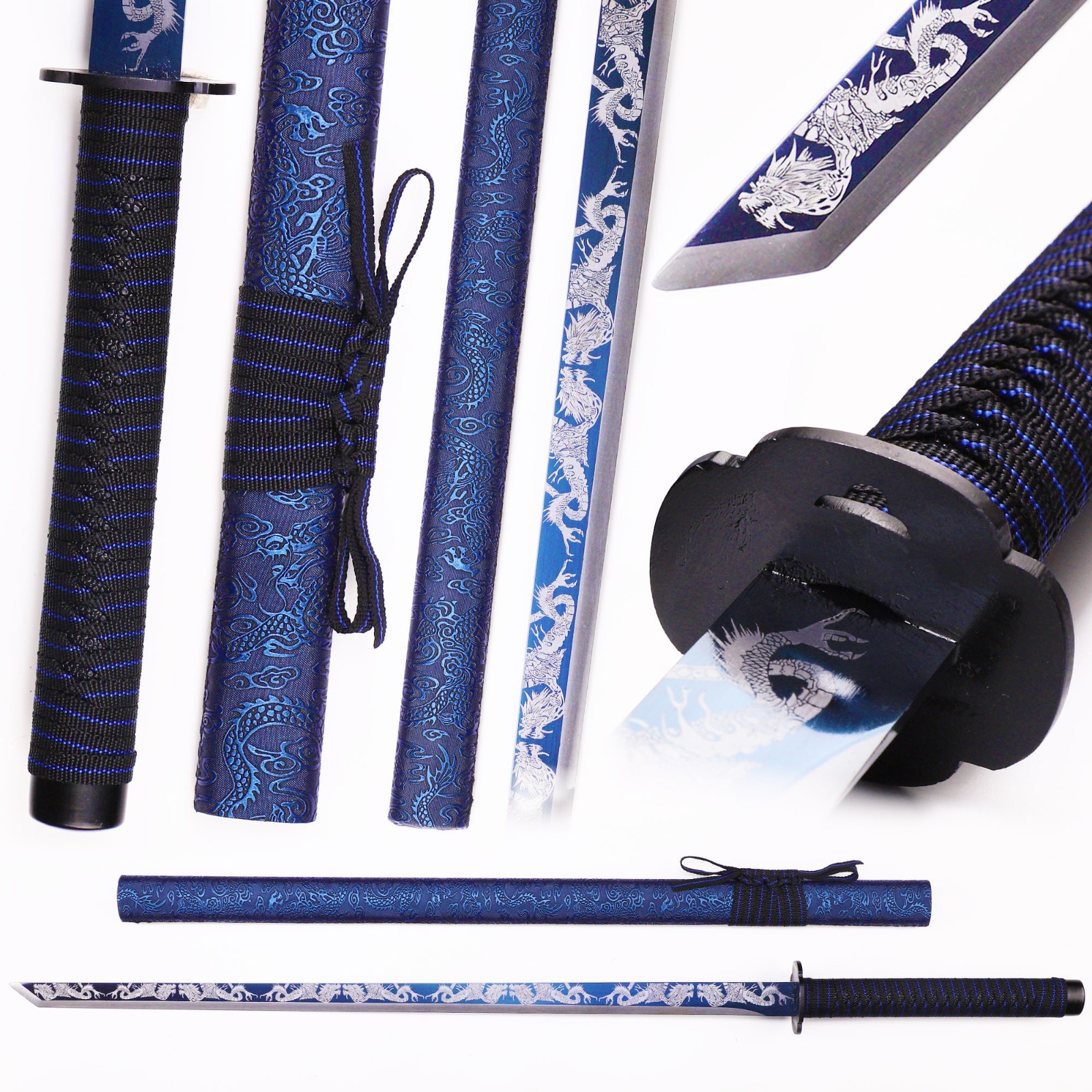 Relief Blue Dragon Patterned Katana, 1095 High Carbon Steel, Handmade Katana
