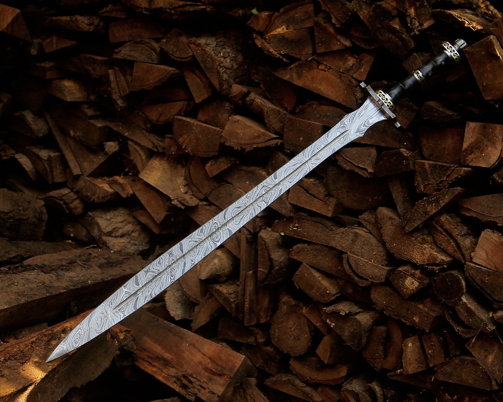 Hand Forged Damascus steel Medieval Longsword Knight Sword with Leather Sheath