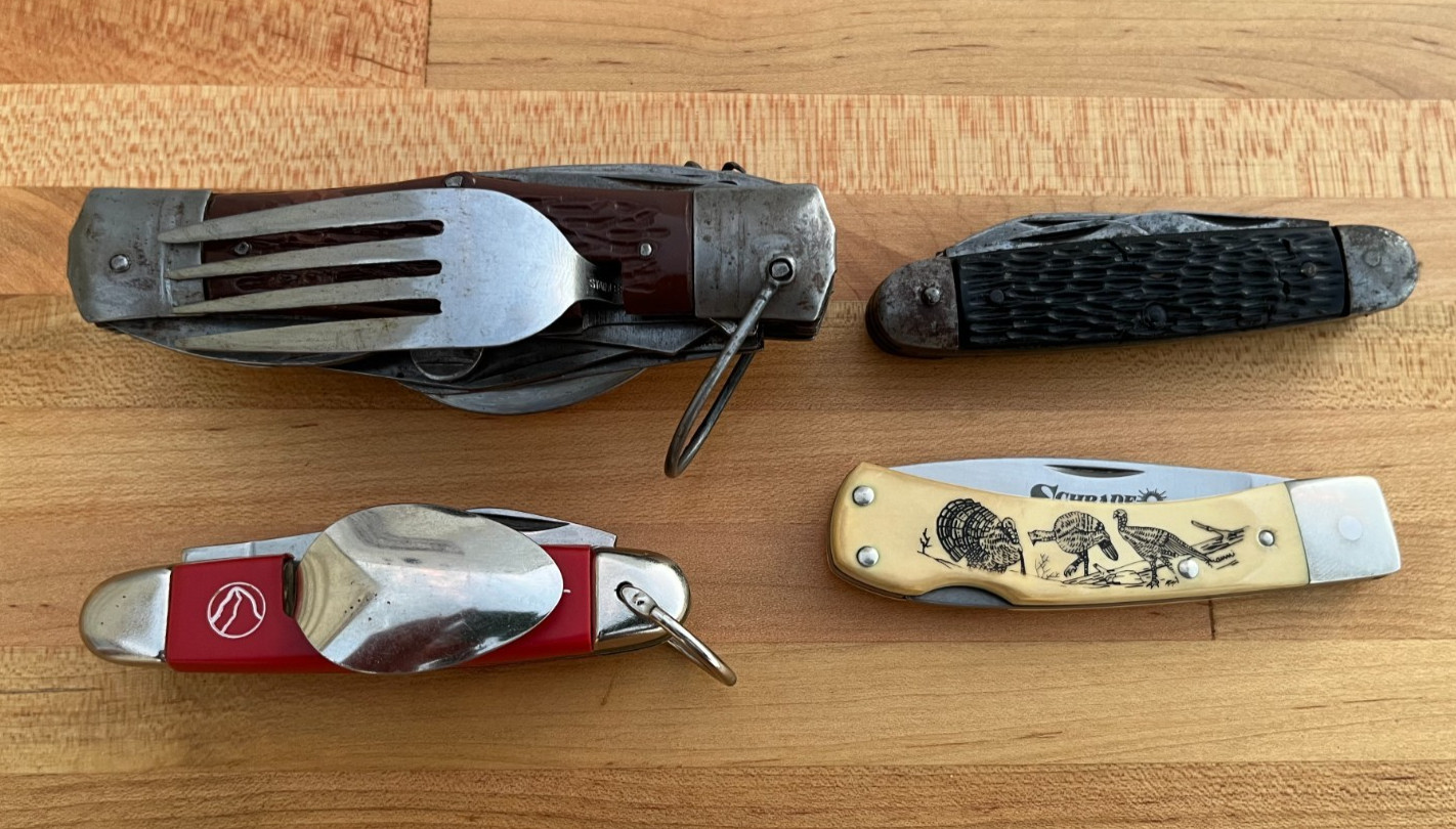 Vintage Schrade USA Scrimshaw Turkey Imperial Ireland Camper Hobo Knives Lot