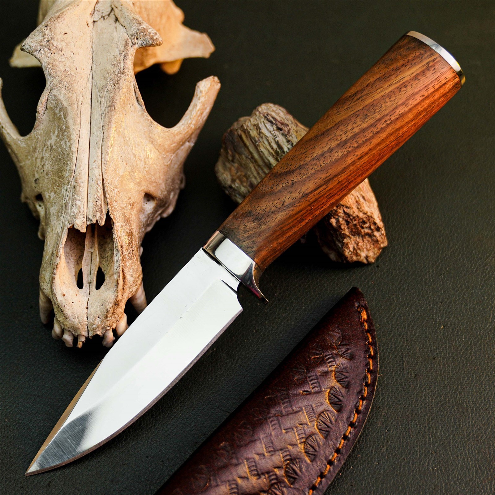 8.9″ Stainless Tactical Knife Half Tang Wood Handle Fixed Blade + Sheath