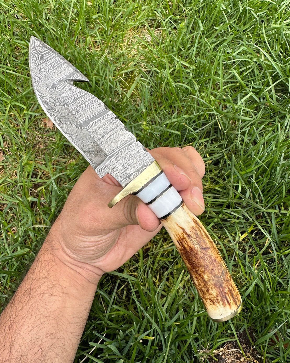 EDC HANDMADE DAMASCUS STEEL SKINNING KNIFE HUNTING SURVIVAL Stag Antler Handle