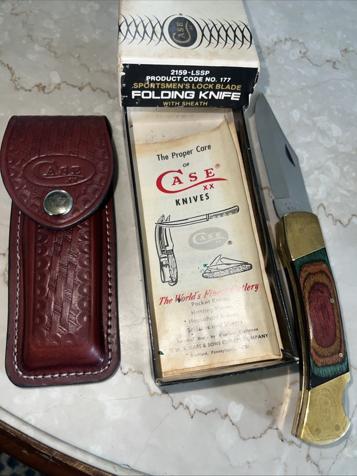 Very Rare Case XX Lock Blade 2159-LSSP Folding Knife, Sheath & Box Number 177