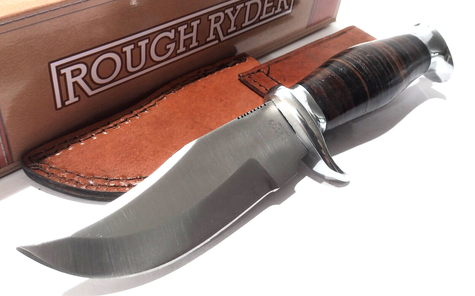 Rough Ryder Stacked Leather Handle Bowie Fixed Blade Skinning Hunting Knife