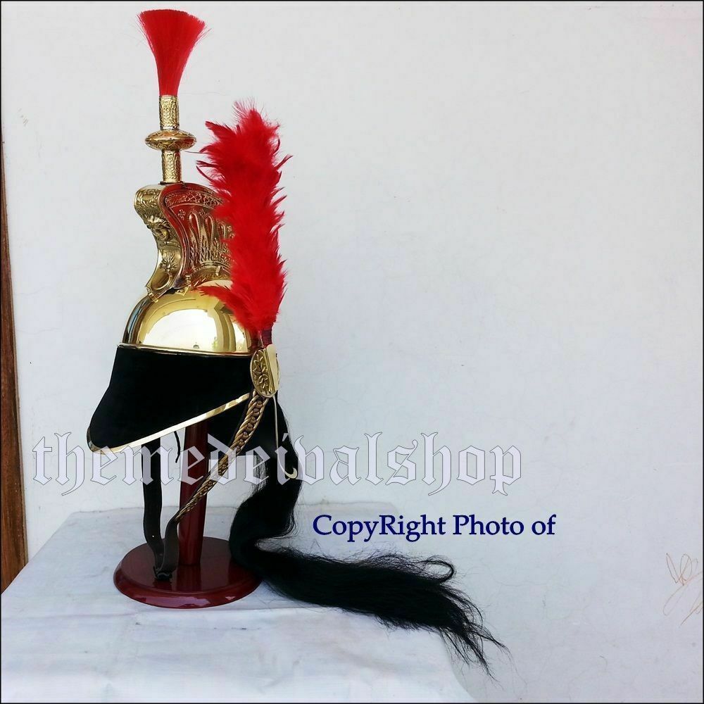 French Cuirassier Officer’s Helmet Napoleon Style Brass Helmet W/ Plume Red Gift