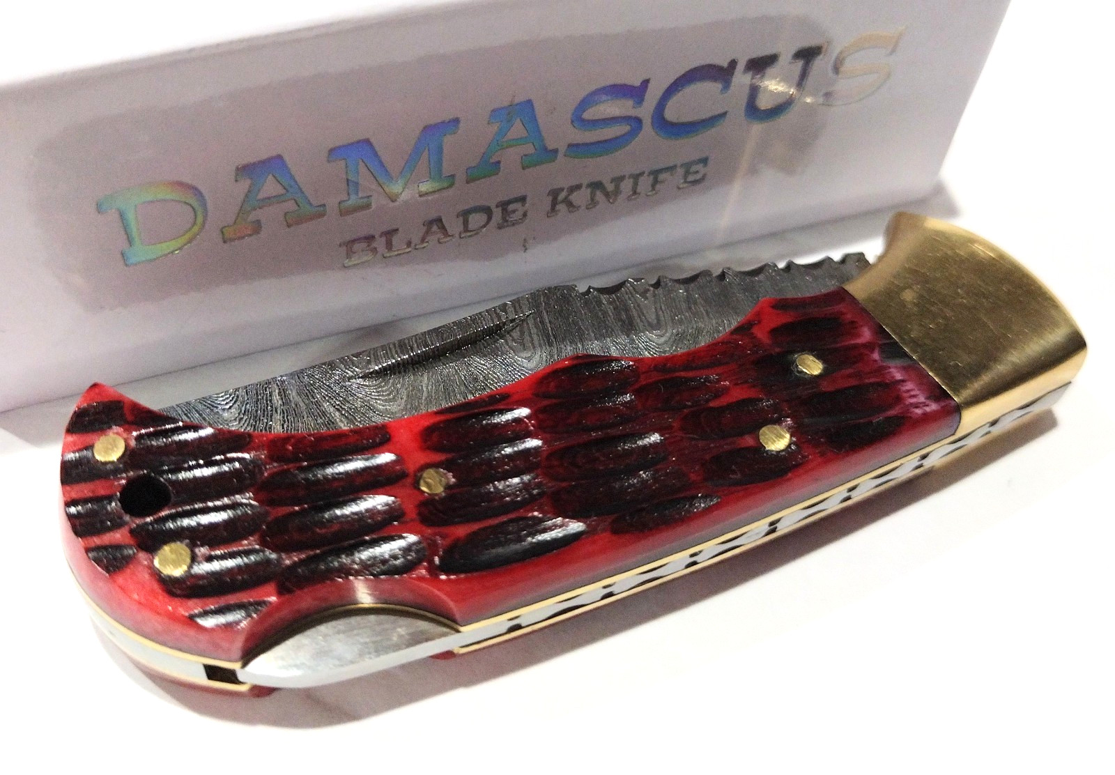 RITE-EDGE Red Jigged Bone Damascus Steel Clip Point Locback Folding Pocket Knife