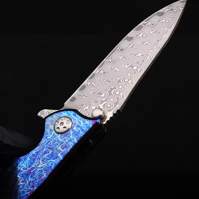 Damascus TC4 Titanium Alloy Anodized Blue Handle Outdoor Camping EDC Pocketknife