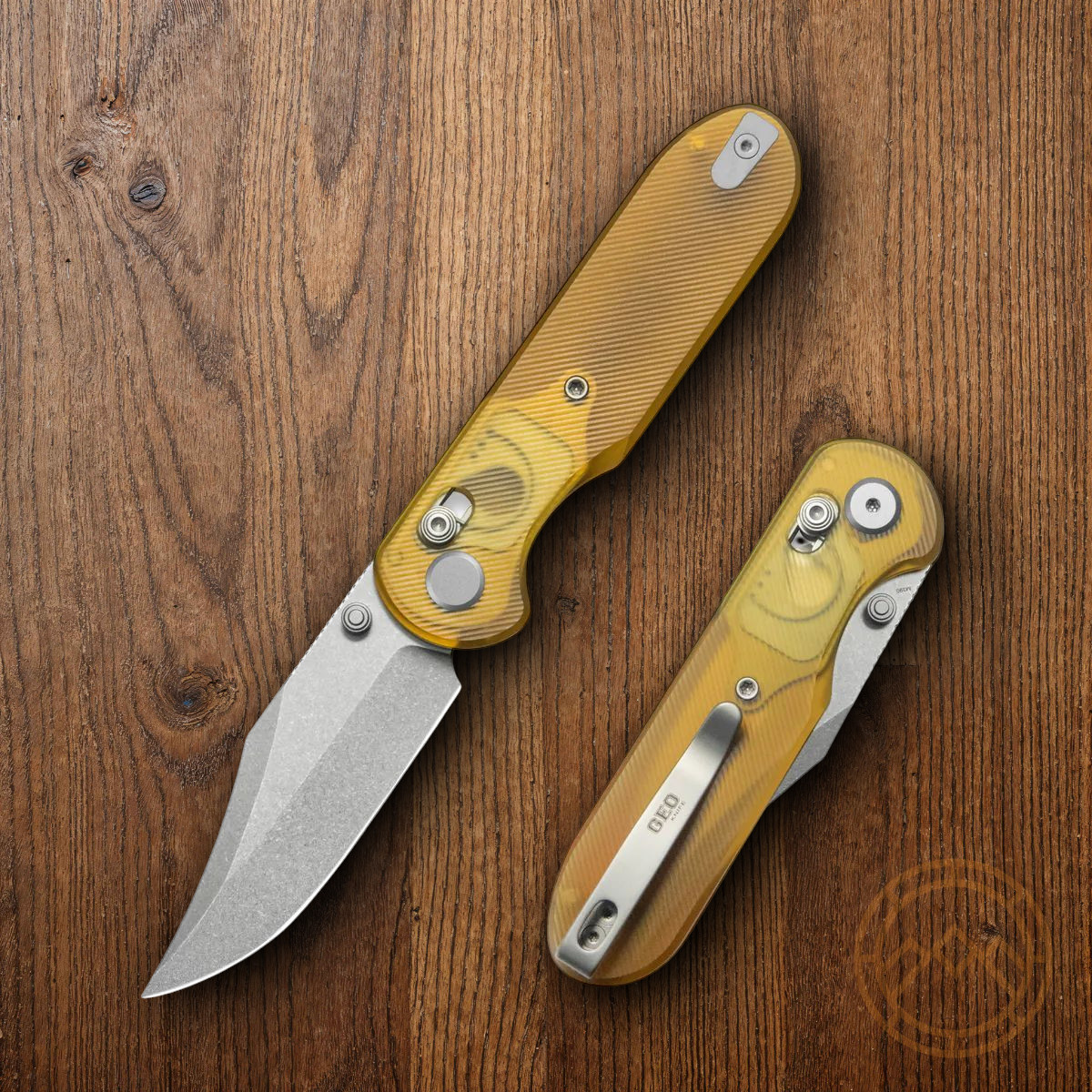 GEO Knife Ethereal Folding Knife 3″ Bohler M390 Steel Blade Amber Ultem Handle