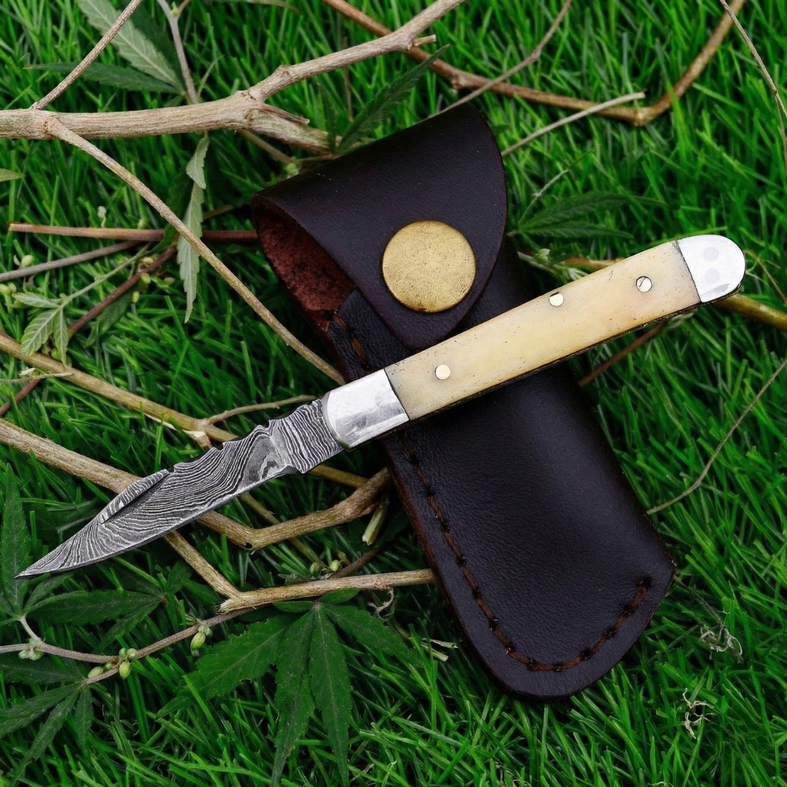 Hand Forged Damascus Steel Mini Trapper Knife Bone Handle EDC Tactical Survival