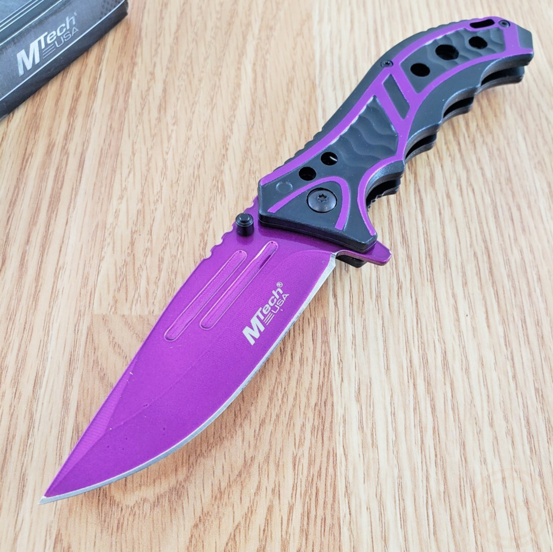 MTech Assisted Folding Knife 3.63″ Purple Stainless Steel Blade Aluminum Handle