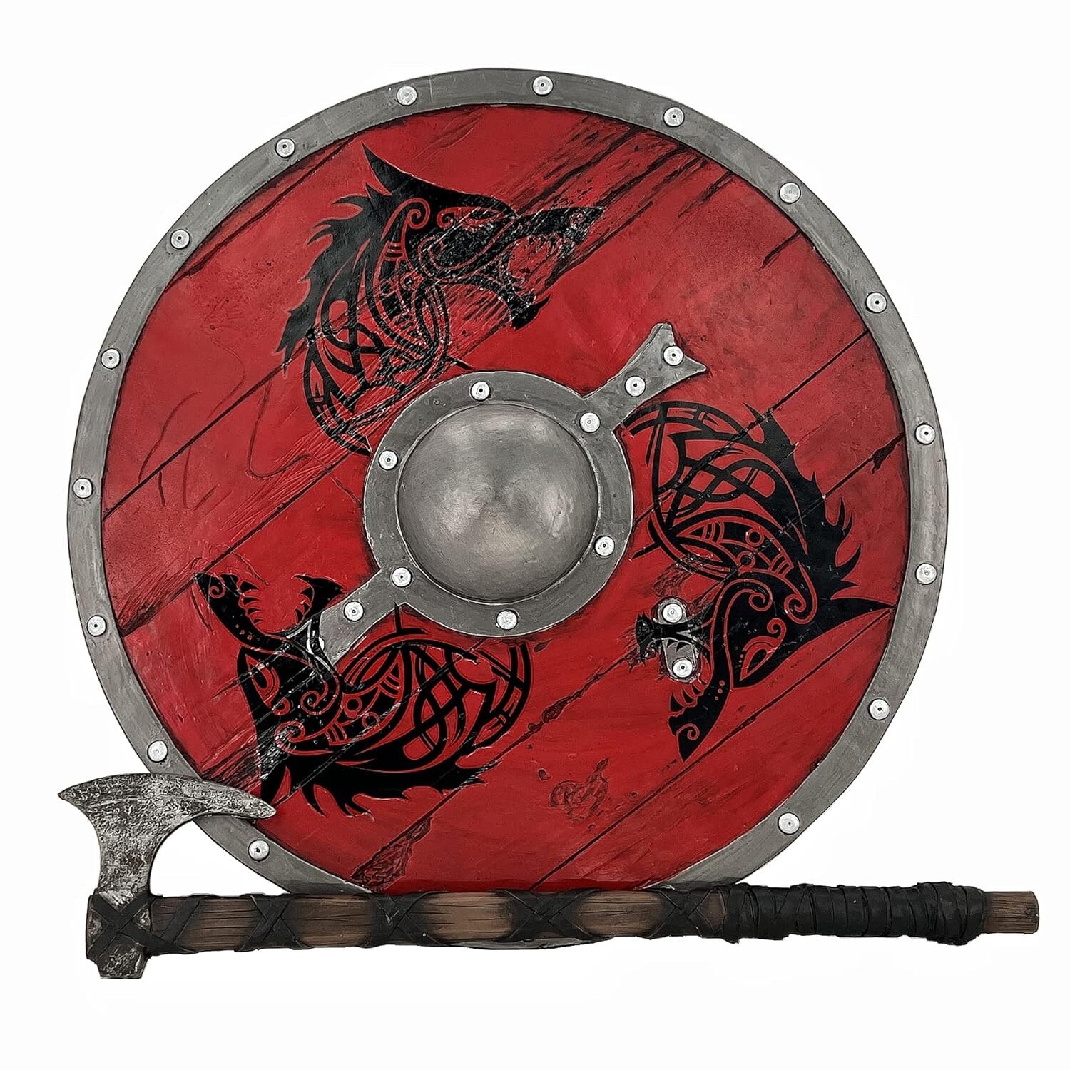 Red Warrior Carved Viking Shield: Handcrafted/Carved 24-Inch Wood and Metal