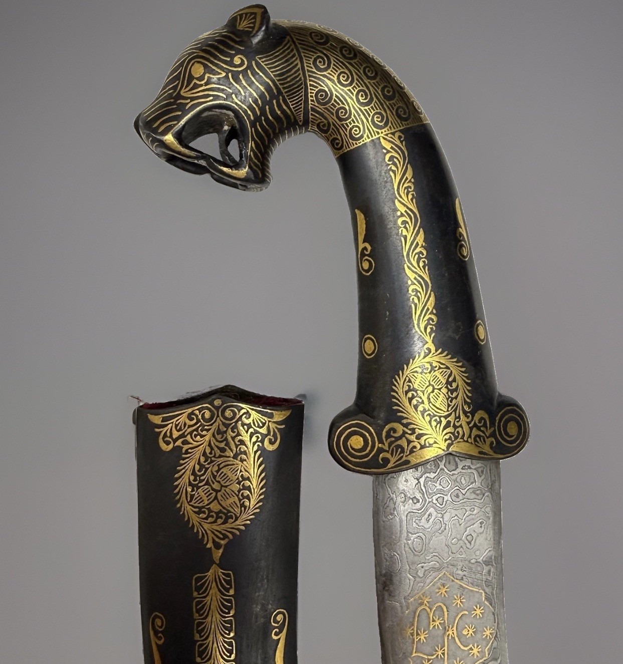 India Persian Khanjar Dagger Damascus Blade Gold Inlay Tiger Handle w Sheath