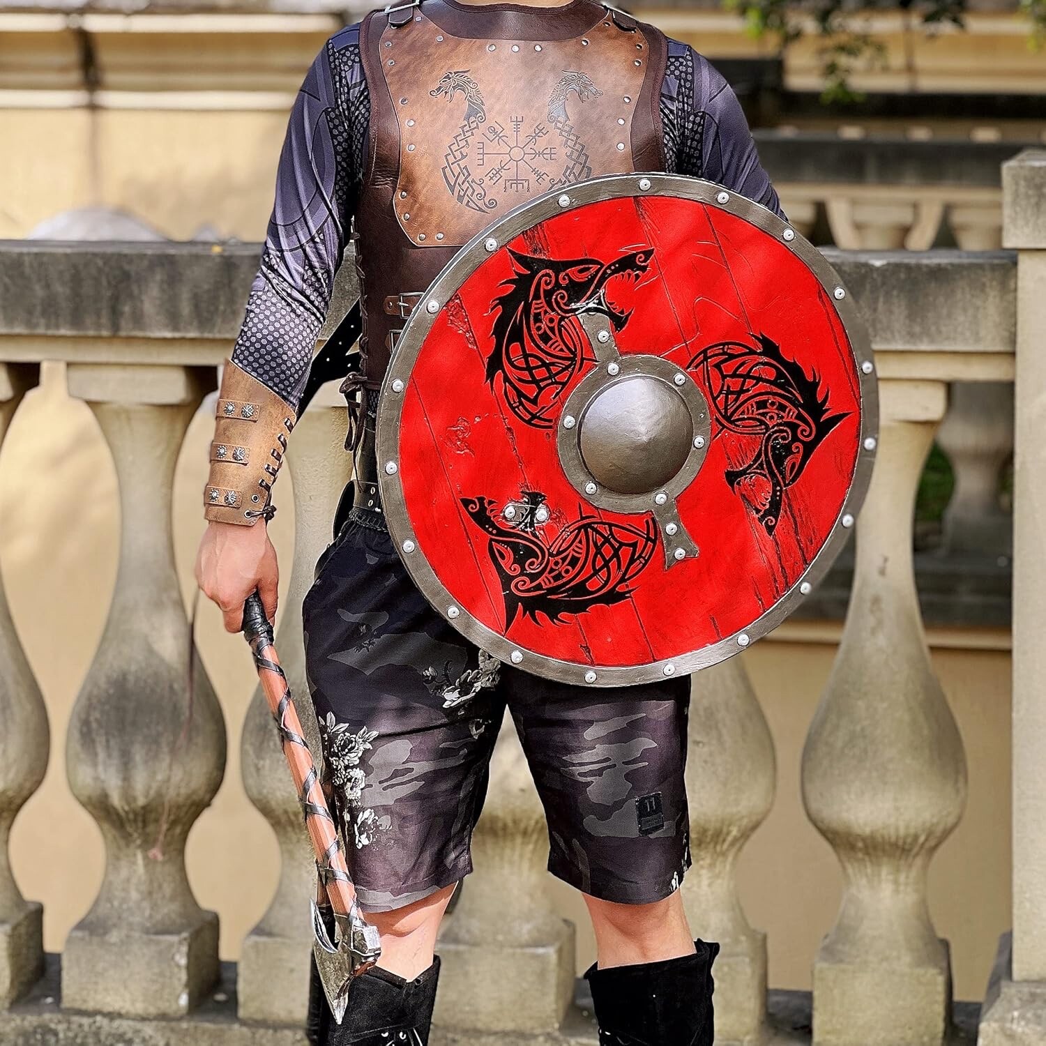 Red Warrior Carved Viking Shield: Handcrafted/Carved 24-Inch Wood and Metal
