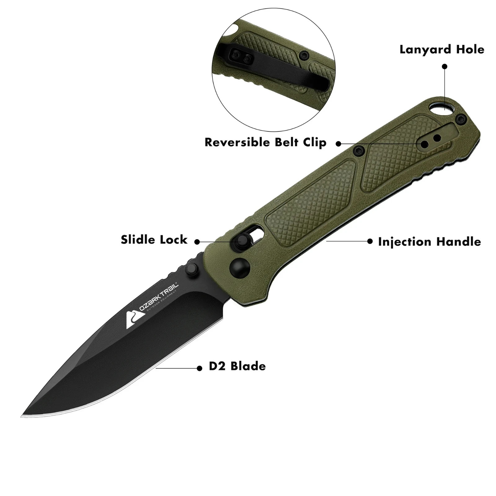 Ozark Trail 7.5 inch Folding Knife,D2 Blade,Ball Bearing,OD Green Handle, Slide