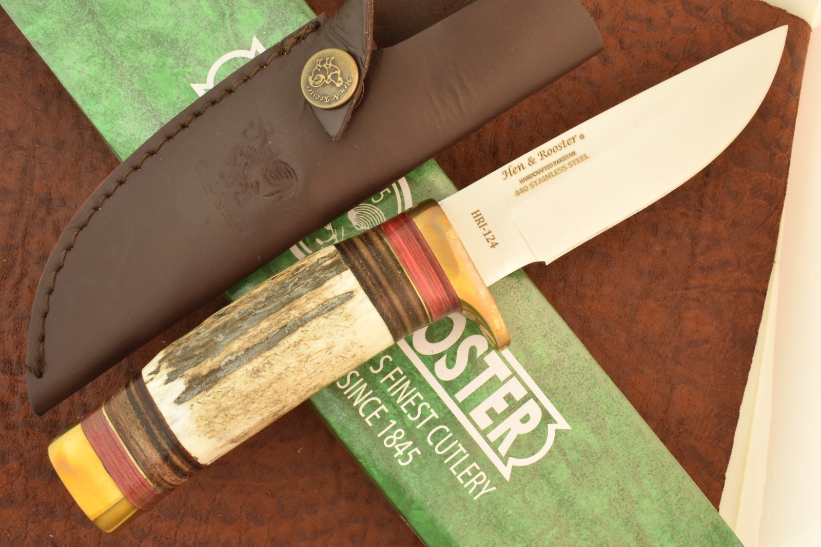 HEN & ROOSTER STAINLESS STEEL INDIA STAG FIXED BLADE HUNTING KNIFE NICE (36376)