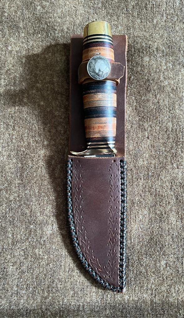 Handmade Straight Edge Hunting Knife: 440c Stainless Steel, Stacked Leather Grip