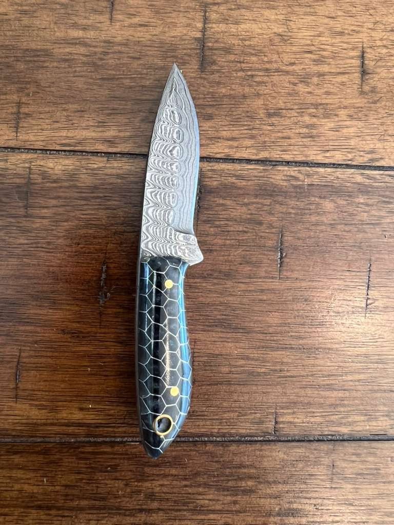 5.5″ CUSTOM EDC HANDMADE DAMASCUS NECK KNIFE W/ HONEYCOMB HANDLE & SHEATH 52.02