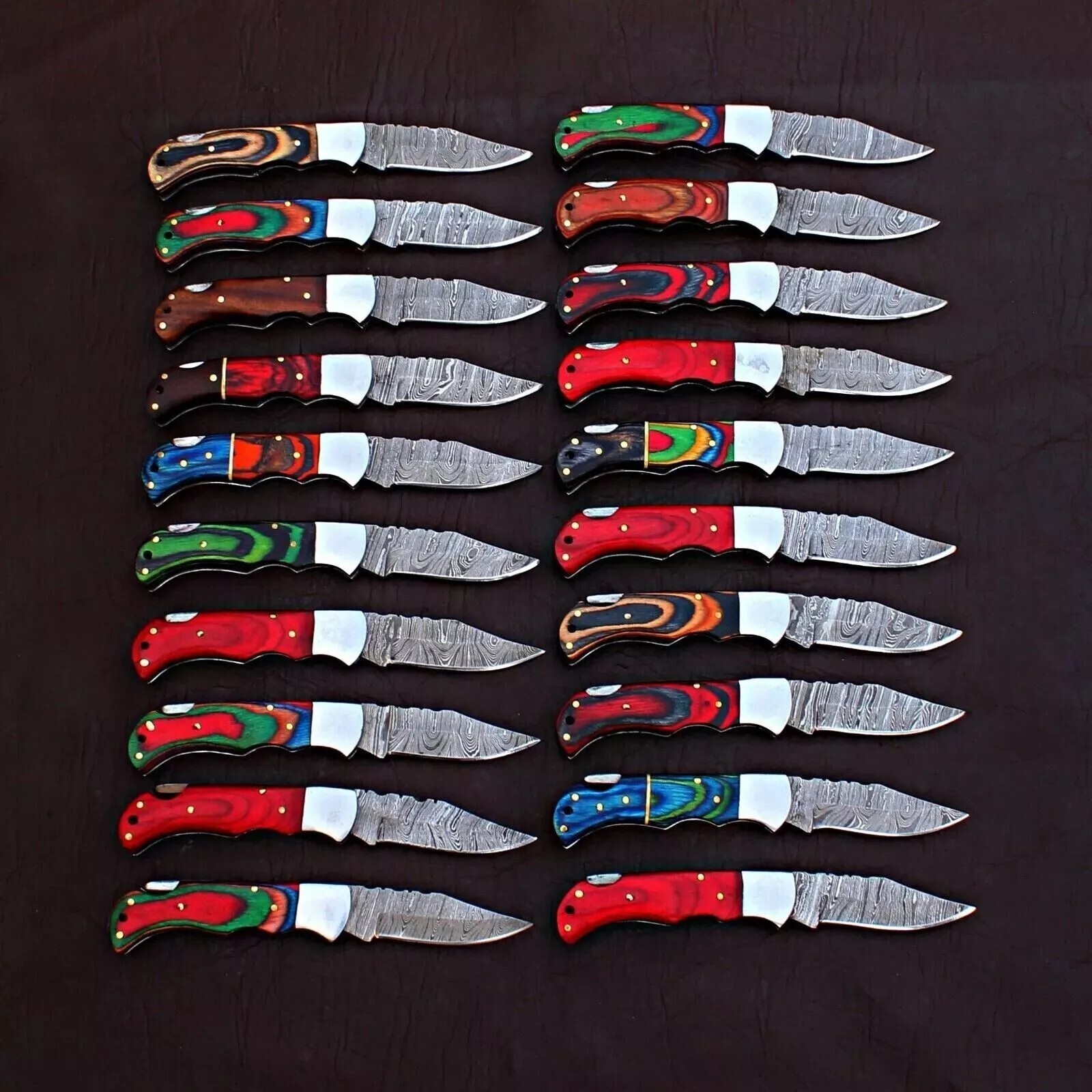 SET OF 20PCS OF CUSTOM POCKET KNIVES, COLORED WOOD HANDLE WITH LEATHER SHEATH