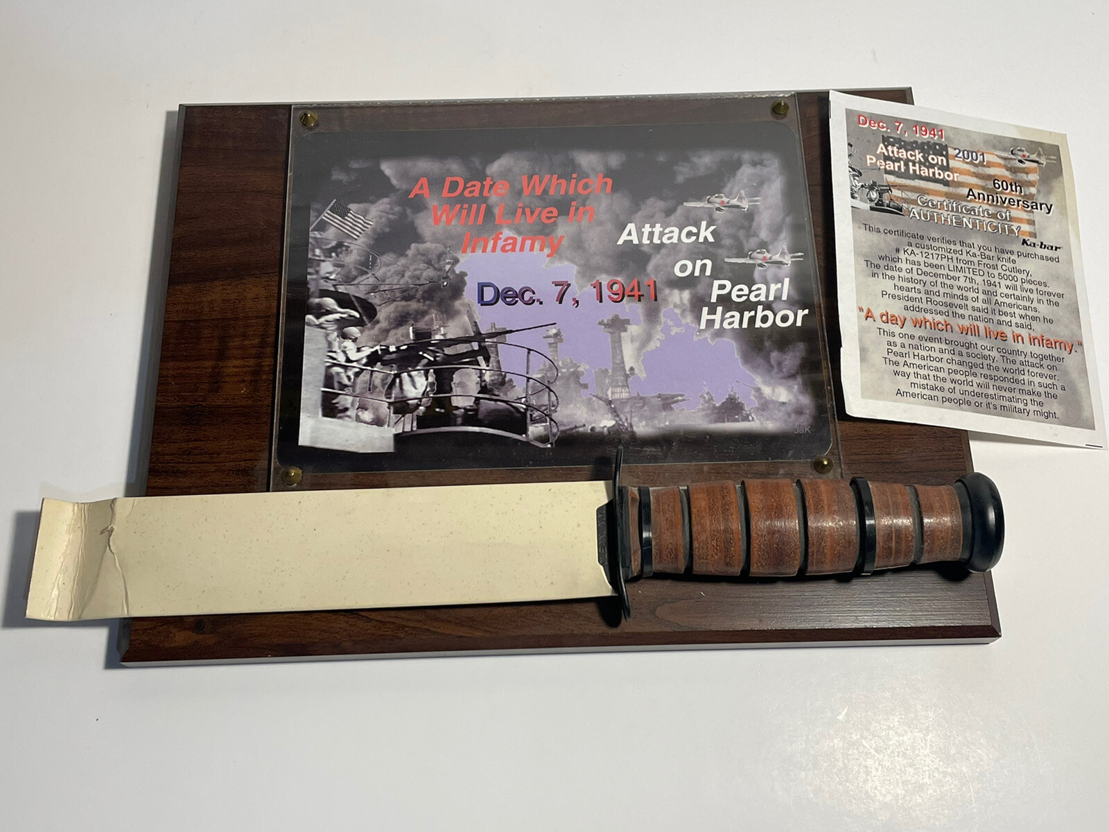 2001 KA-BAR KA-1217PH FROM FROST CUTLERY ATTACK KABAR With Plaque