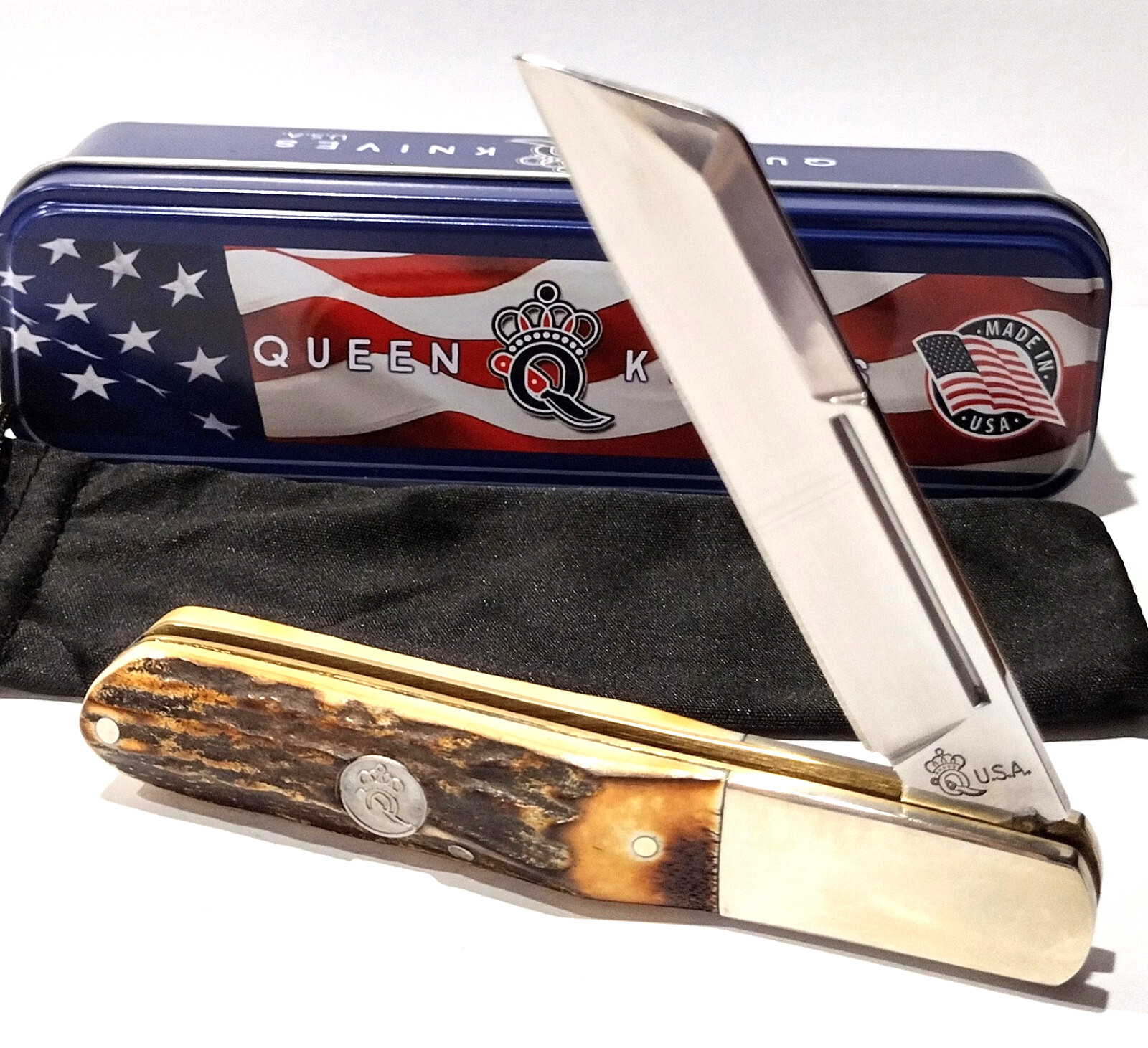 Queen USA 4″ Brown Burnt Stag Bone Barlow Slipjoint Folding Pocket Knife QGSH180