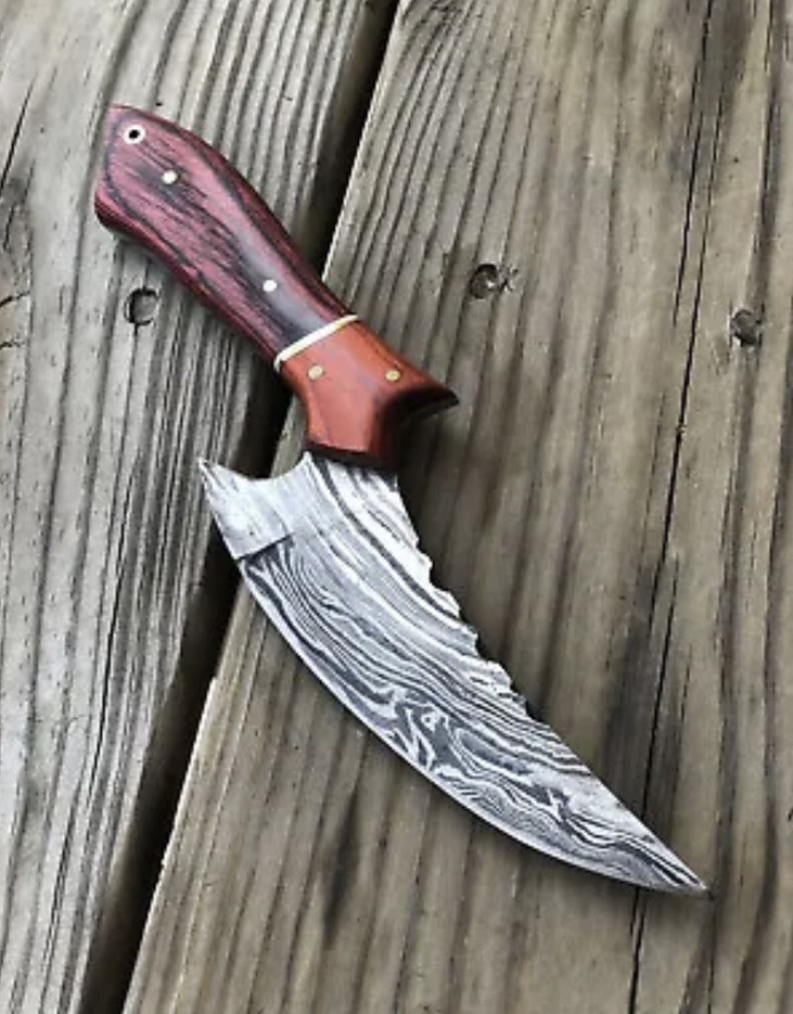 CUSTOM HANDMADE DAMASCUS STEEL HUNTING SKINNER KNIFE WOOD HANDLE EDC W/ SHEATH