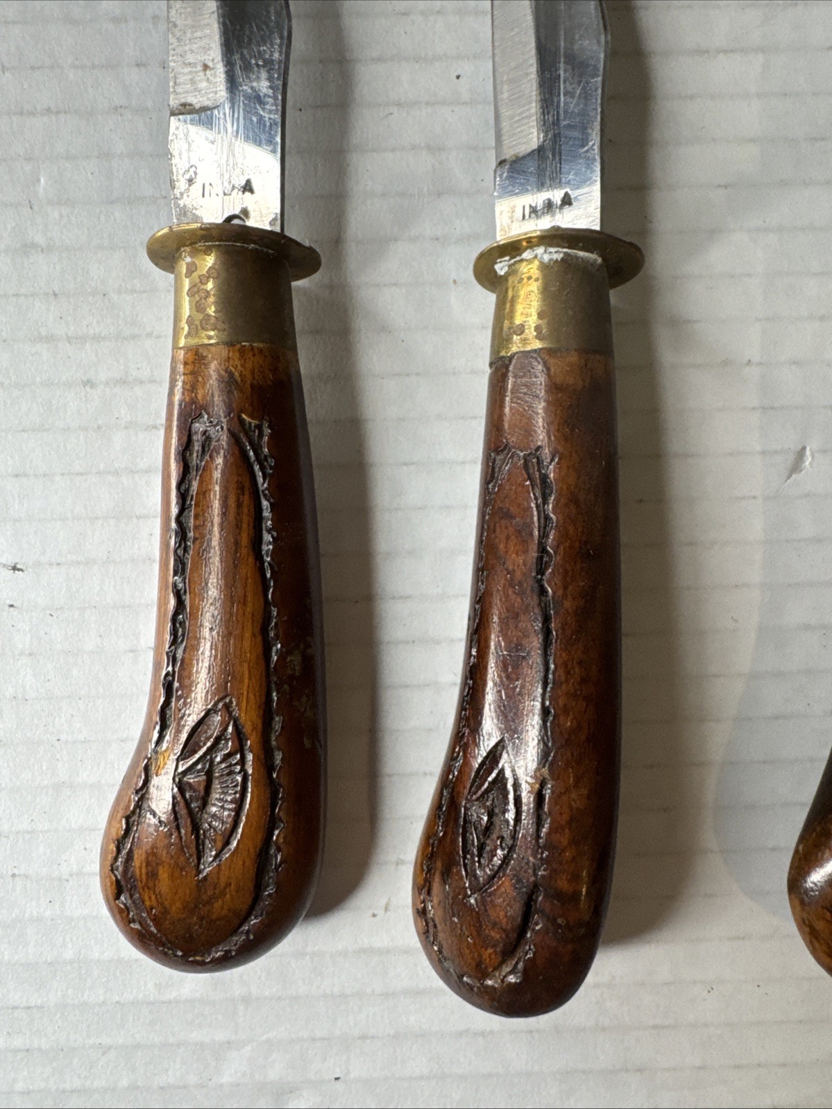 Antique India Carved Wood And Brass￼Knife Set Of 6