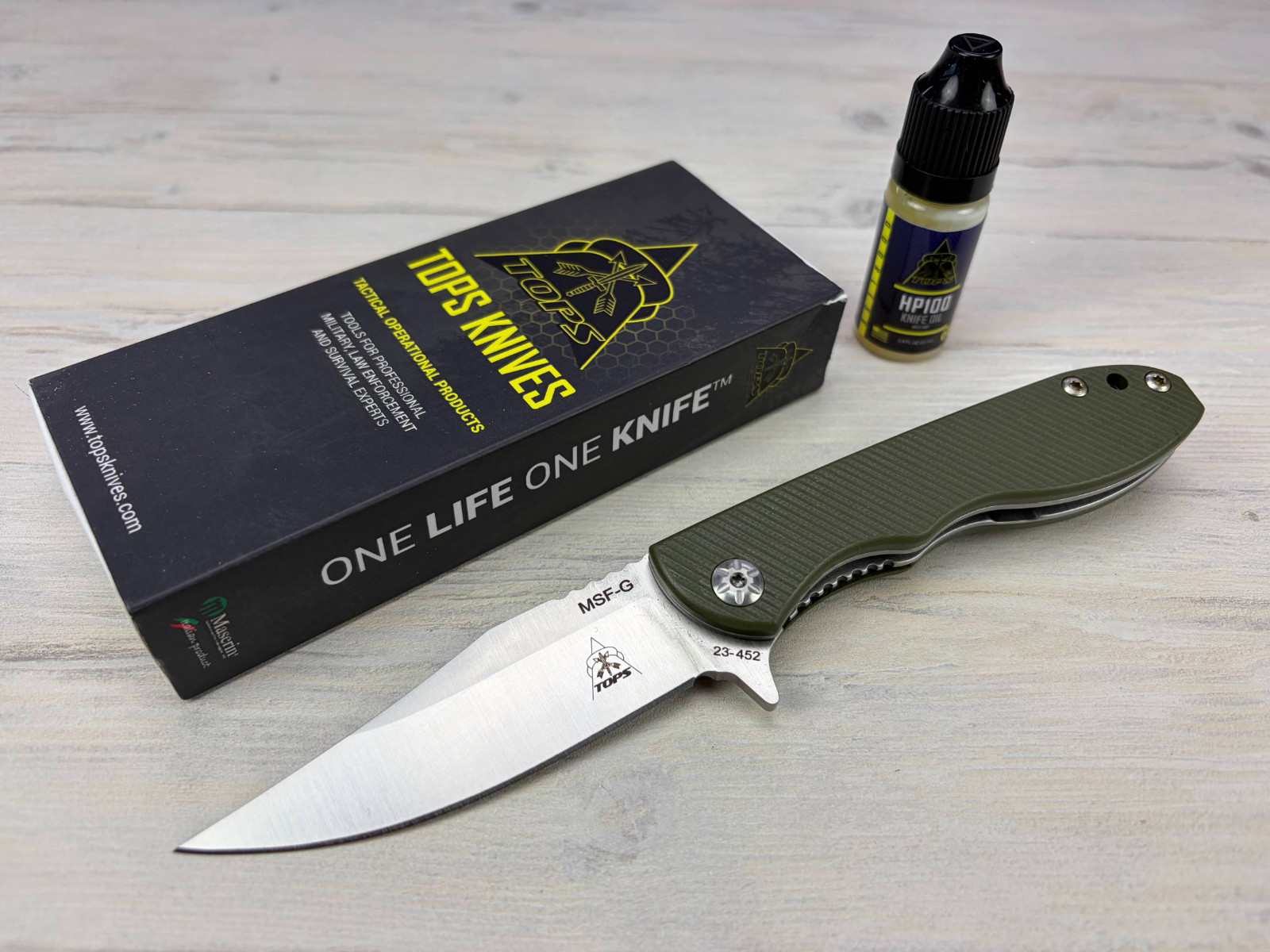 Tops Knives MSF-G Folding Knife – Elmax Steel Blade – Green G10 Handle – Maserin