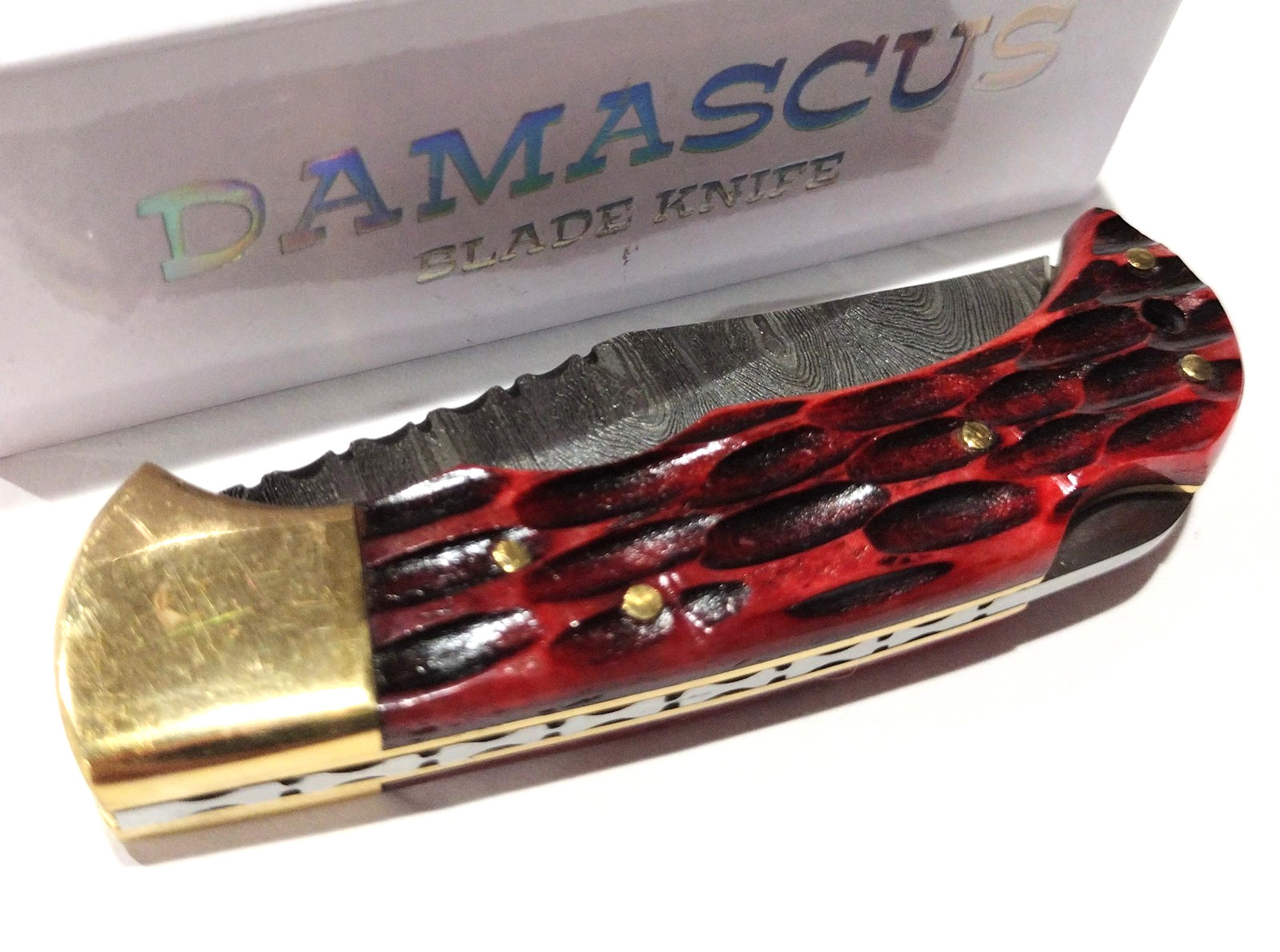 RITE-EDGE Red Jigged Bone Damascus Steel Clip Point Locback Folding Pocket Knife