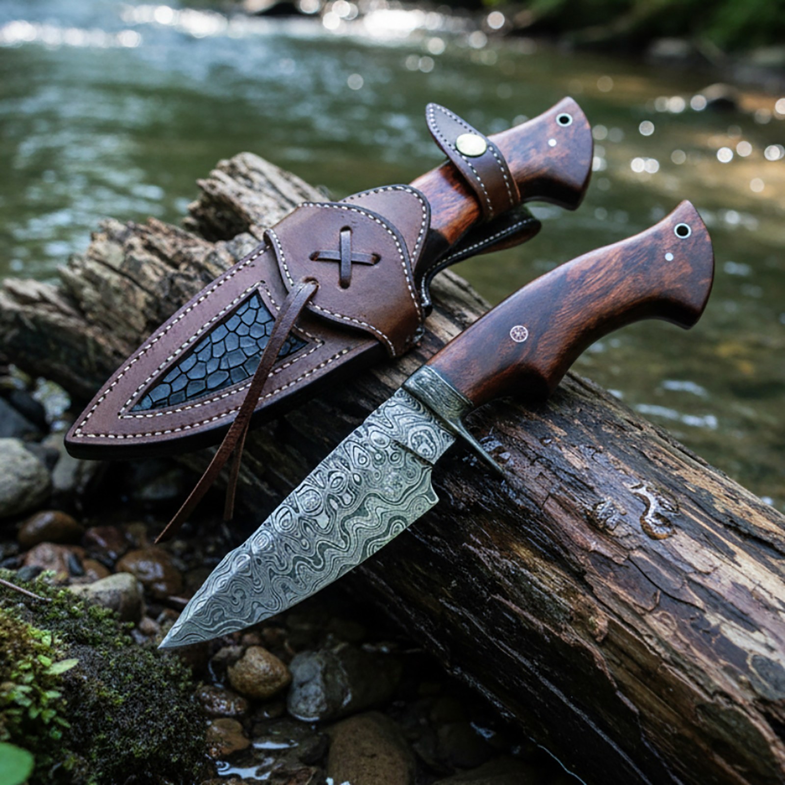 Hand Forged Damascus Steel Bobcat Hunting Knife, Handmade Fixed Blade Outdoor