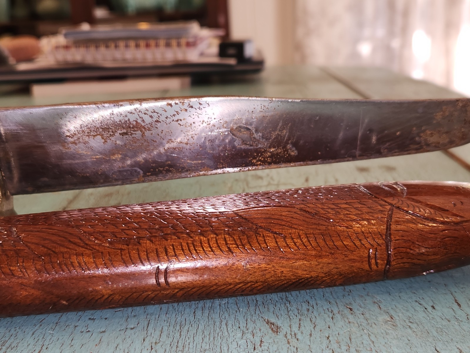 Carved Fish Knife Wood and Brass Vintage India