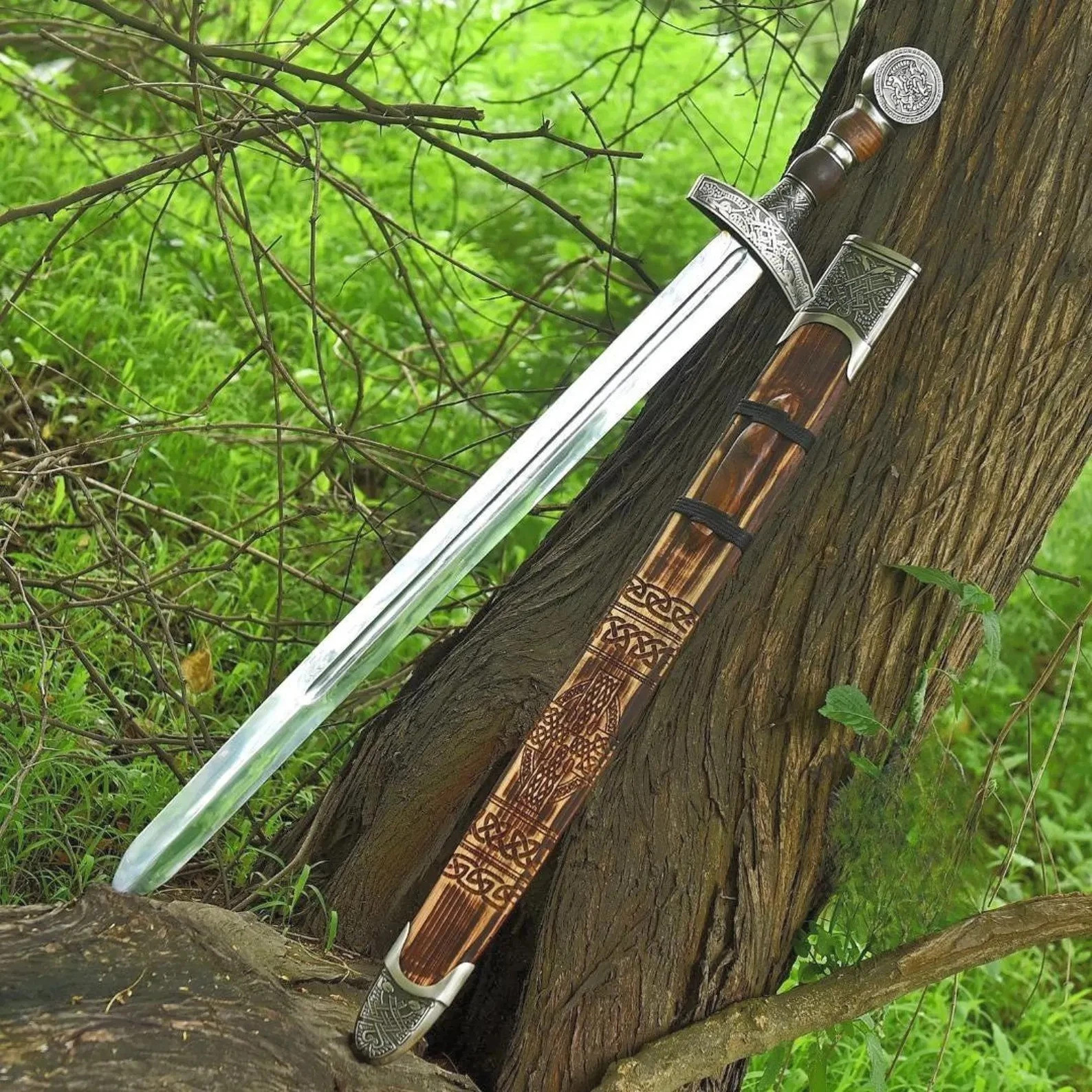 Hand-Forged Stainless Steel Viking Sword — Norse Longsword w/ Wooden Scabbard g