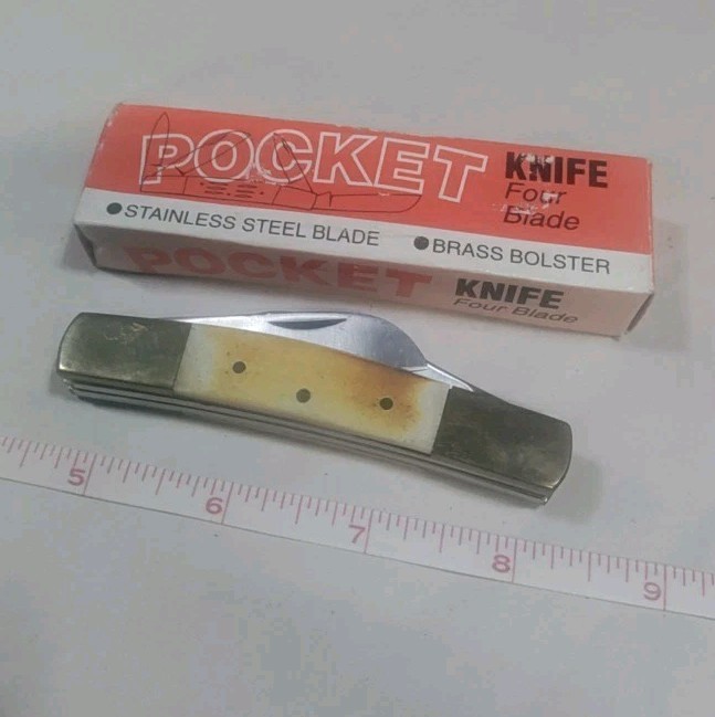 BONE HANDLED Pocket Knife – 4 Stainless Steel Blades Art NO 2038 In Box Pakistan