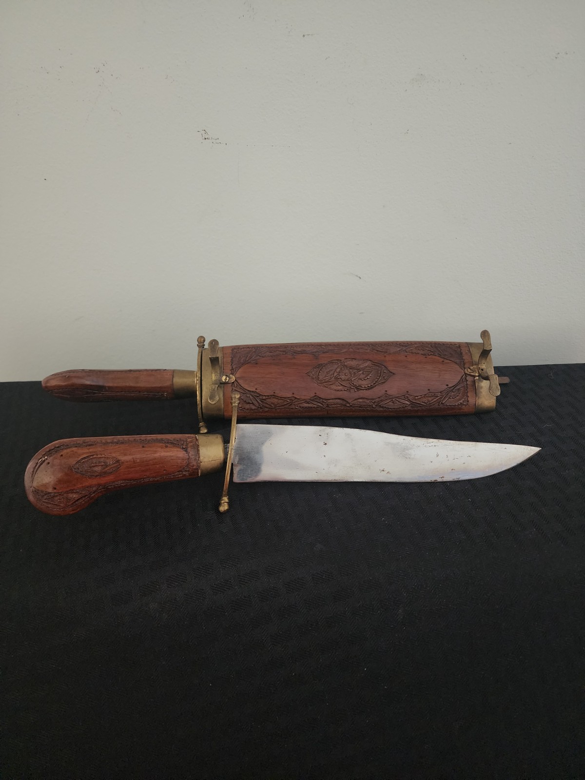 Vintage Indian Carved Wood & Brass Sheath Knife and Fork Set – Decorative or Dis