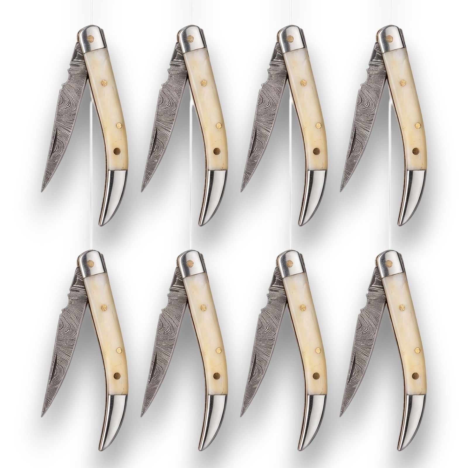Wholesale Lot 8 Damascus Pocket Knives Camel Bone Gentleman Folder With Sheath