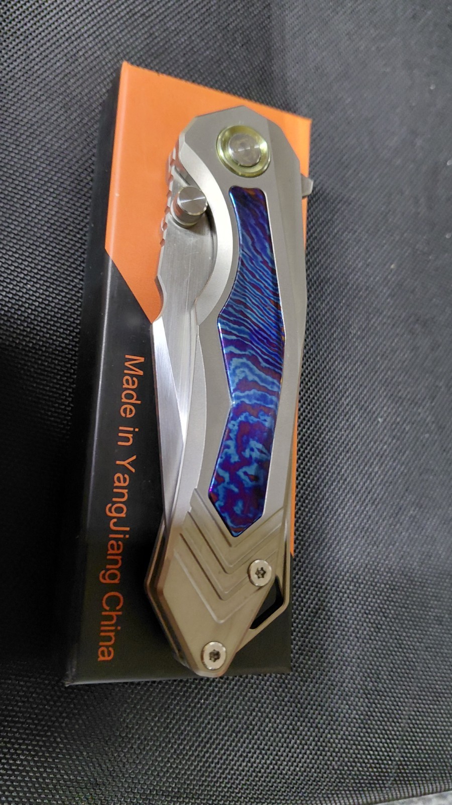 SixLeaf Folding Knife Gray/Blue Titanium/TiDamascus Handle 14C28N SL-100-Tima