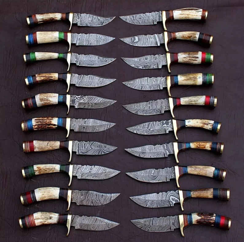 LOT OF 20, 6 inches Handmade Damascus Steel Skinner Knives in Stag horn W/Sheath