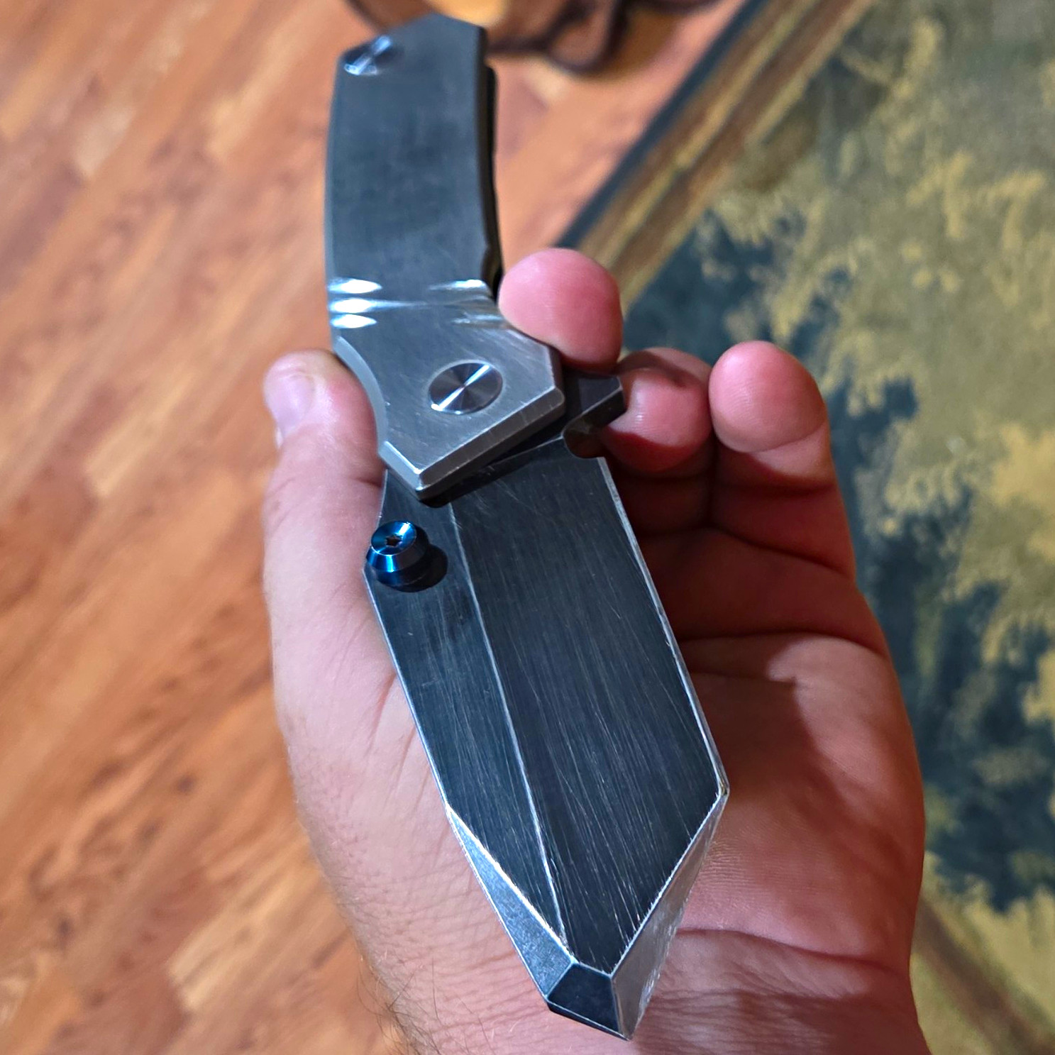 Manual Tanto Pocketknife Titanium Frame Lock Clip Gray Blue Skyke Clone