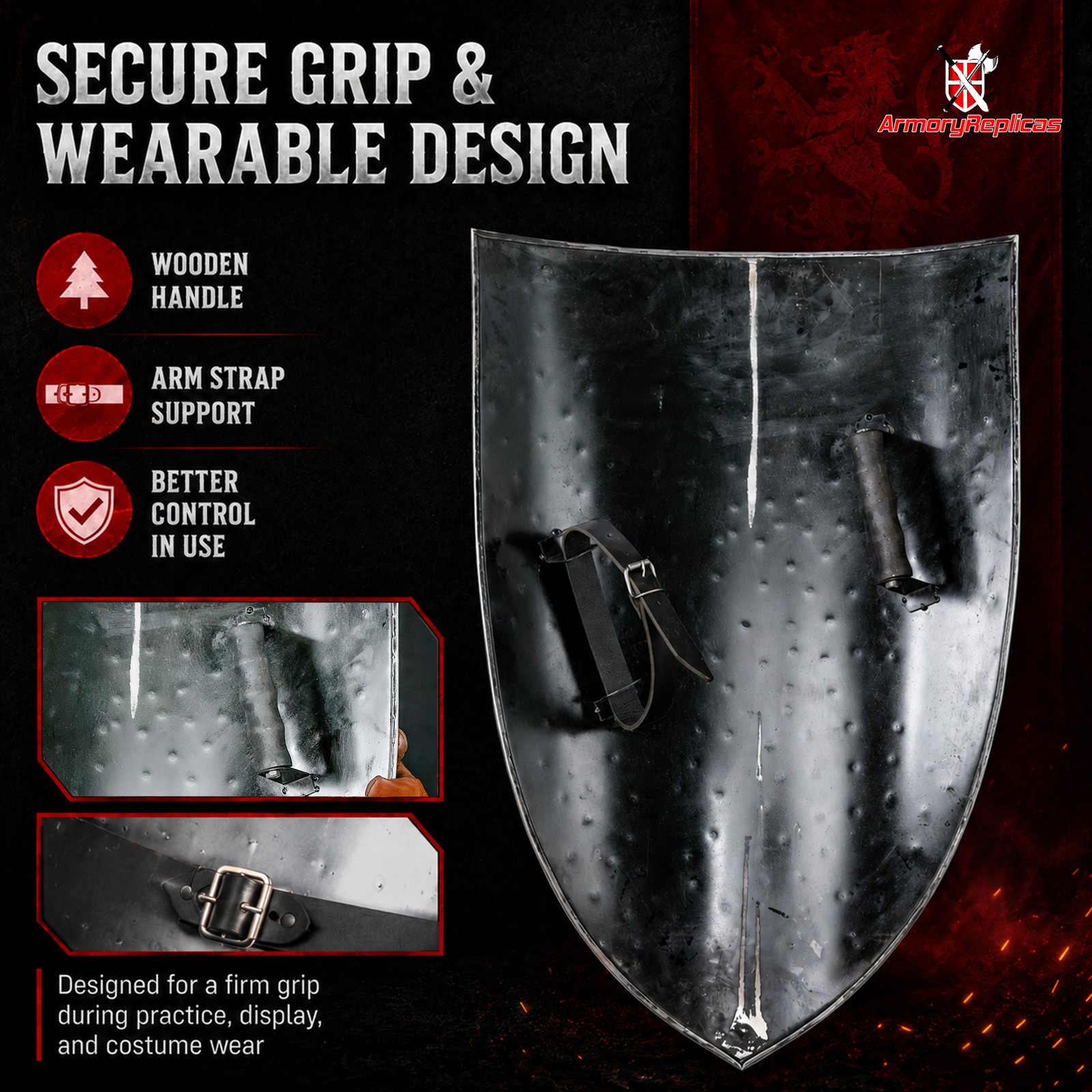 Handmade 16 Gauge Steel Medieval Heater Shield Reenactment Display Knight Shield