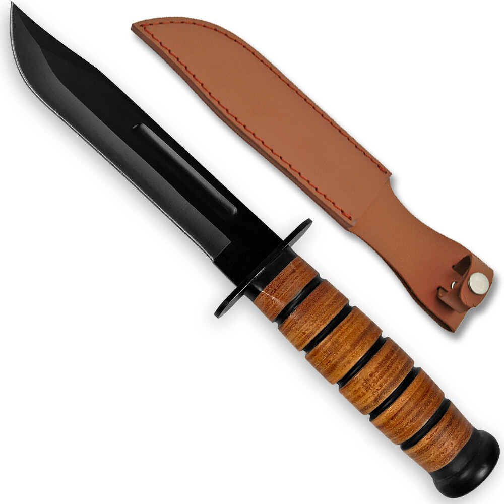 Reproduction WWII Combat USMC Kabar-Style Fighting Knife with Leather Sheath