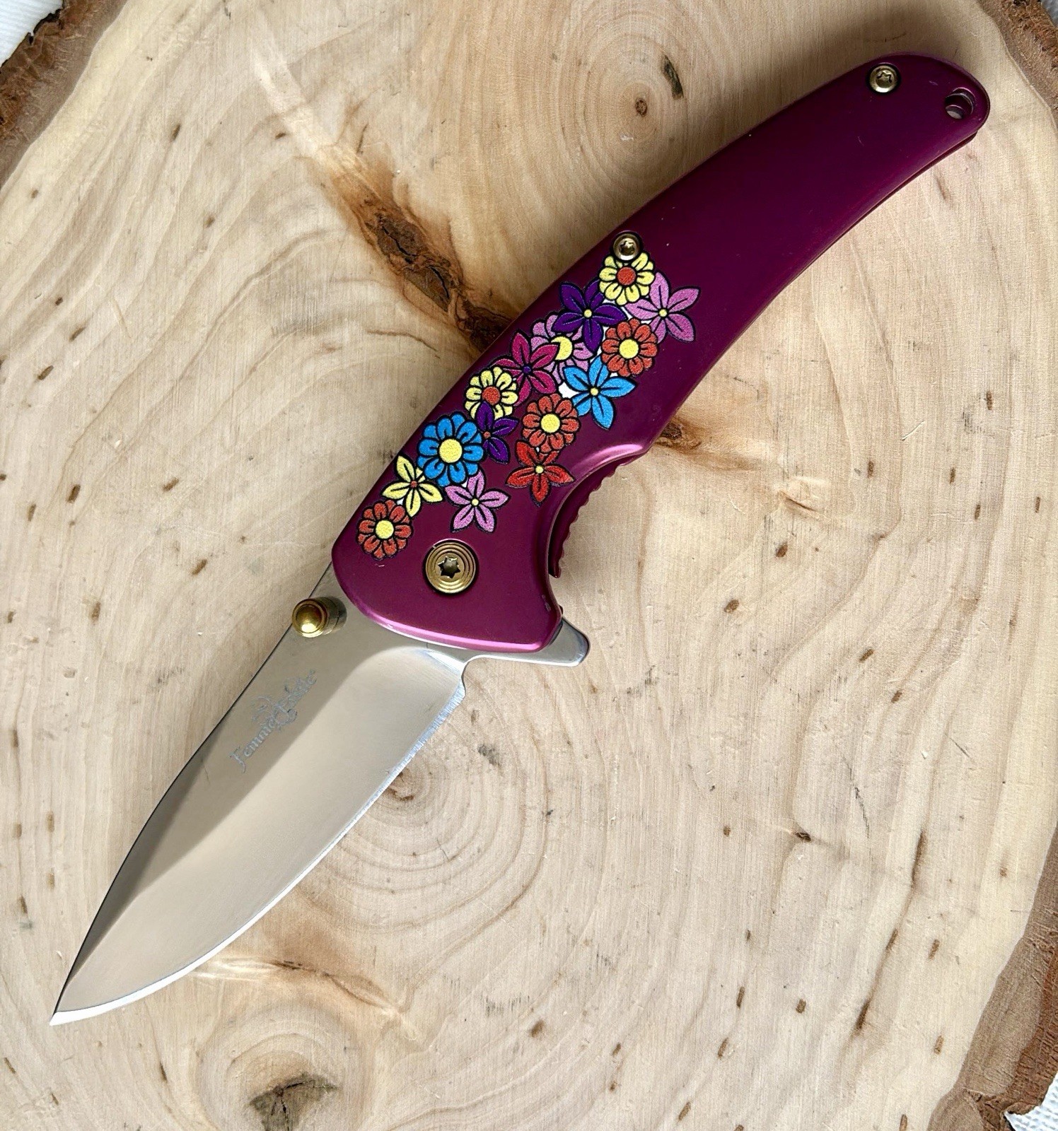 7” Mini Pocket Knife Flowers Design Pink Ladies Gold Pocket Clip Pretty Girly