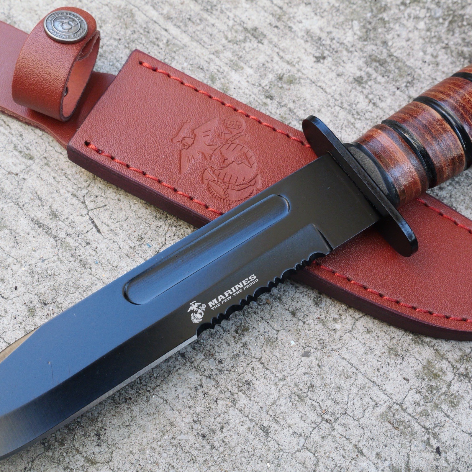 12” USMC Kbar Knife Combat Classic Us Marines Bowie Leather Handle Sheath