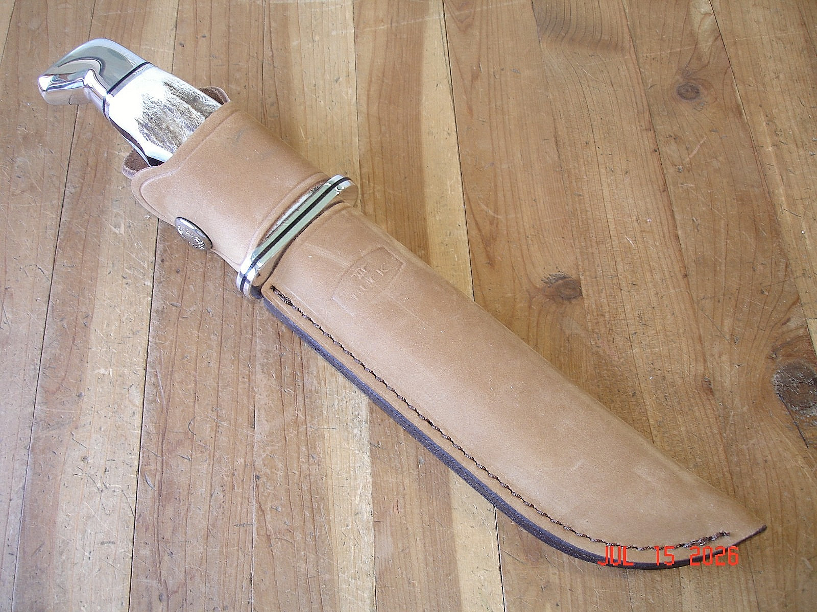 NIB BUCK KNIFE 119 CKS SPECIAL BOS MAGNACUT BLADE ELK ANTLER HANDLE BROWN SHEATH