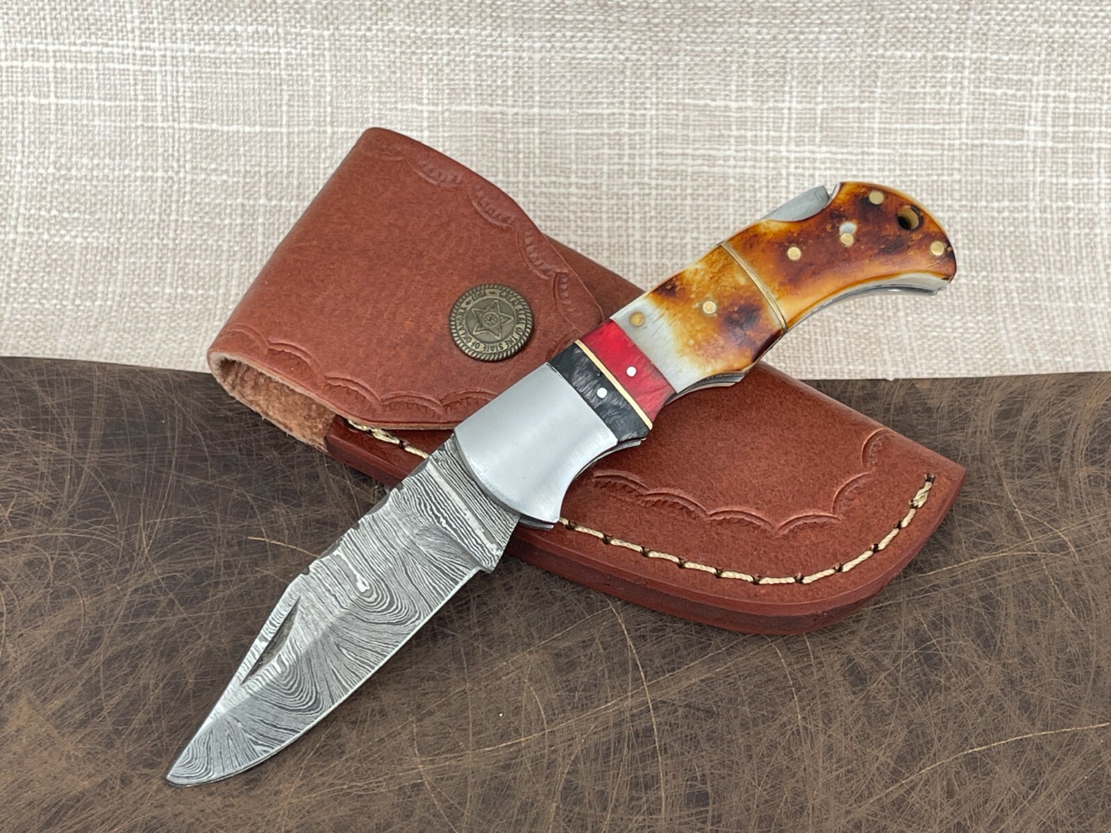 Damascus Folding Pocket Knife With Small Defects Handmade (See Description)