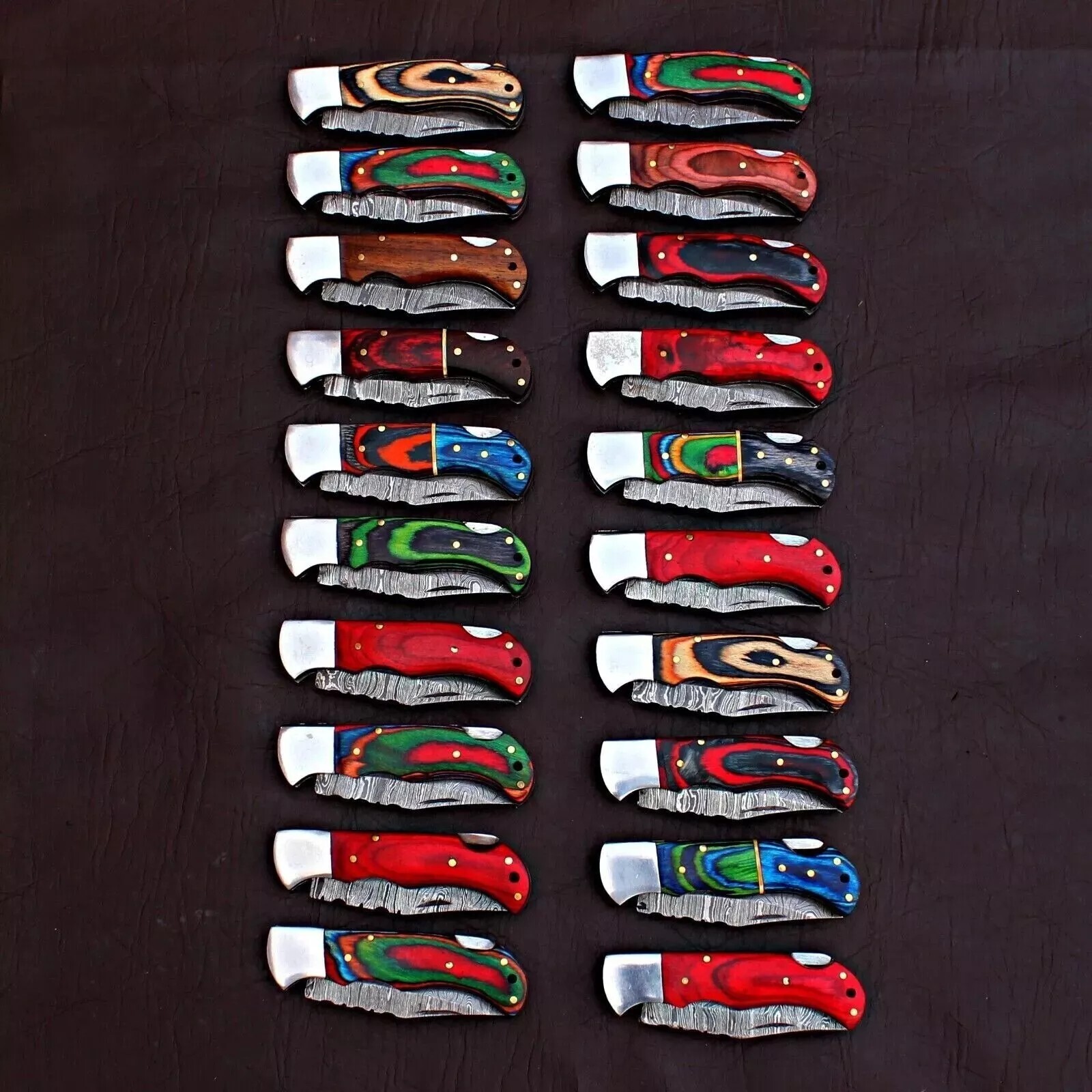 SET OF 20PCS OF CUSTOM POCKET KNIVES, COLORED WOOD HANDLE WITH LEATHER SHEATH