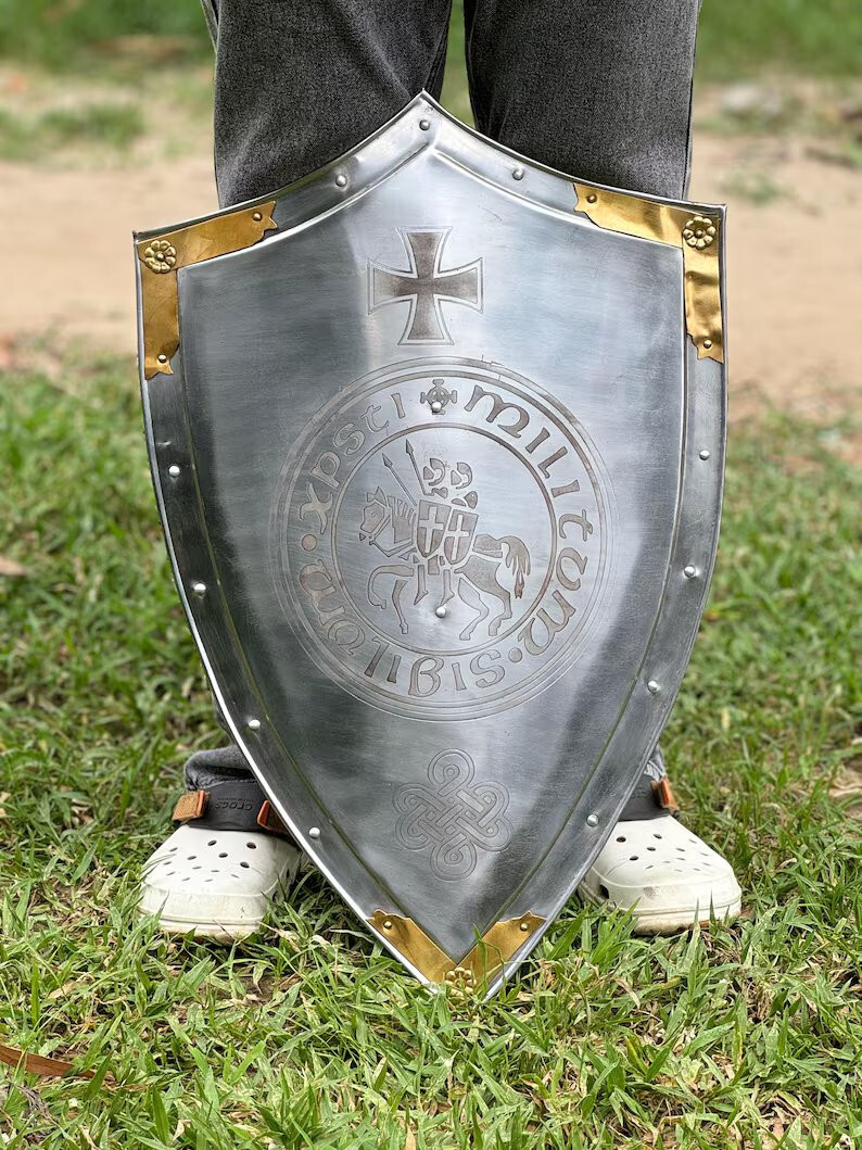 24» Templar Heater Shield a Knight’s Cross Design for LARP & Christmas Gift