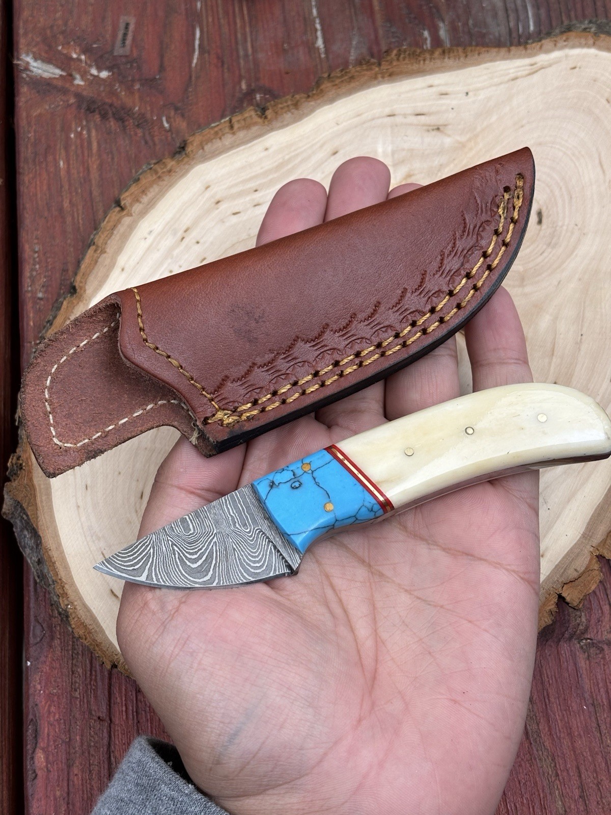 5.5” Fixed Blade Knife Leather Sheath Chode Turquoise Damascus