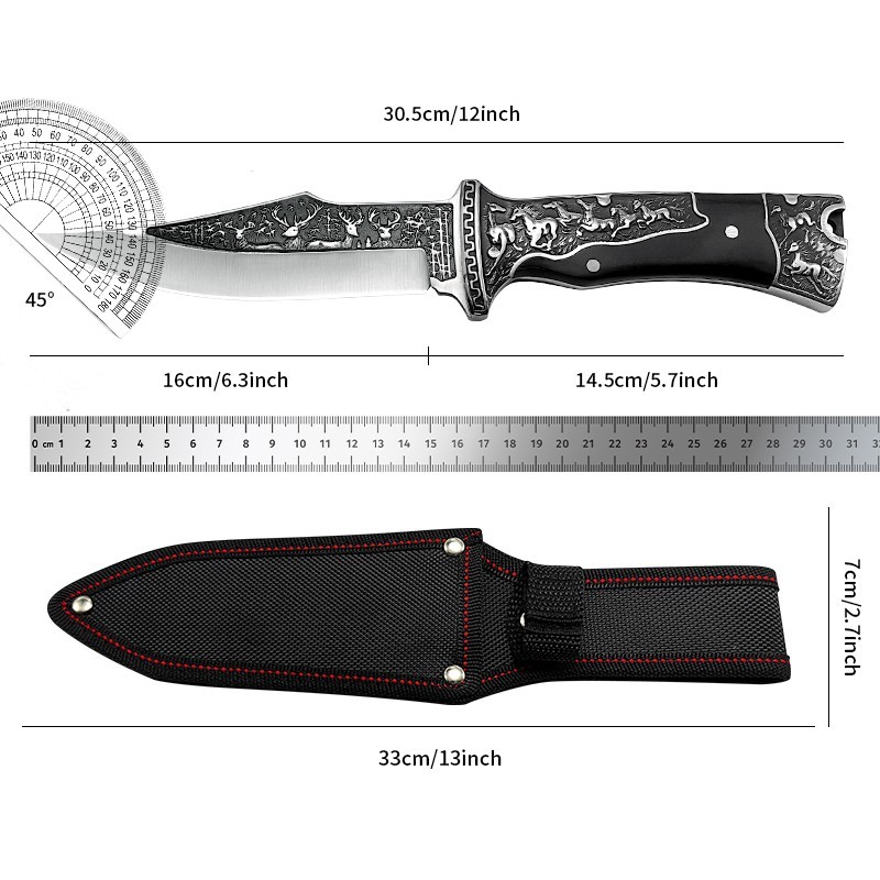 12Inch Fixed Blade Knife Comfort Grip Deer Embossed Design Nylon Sheath Included
