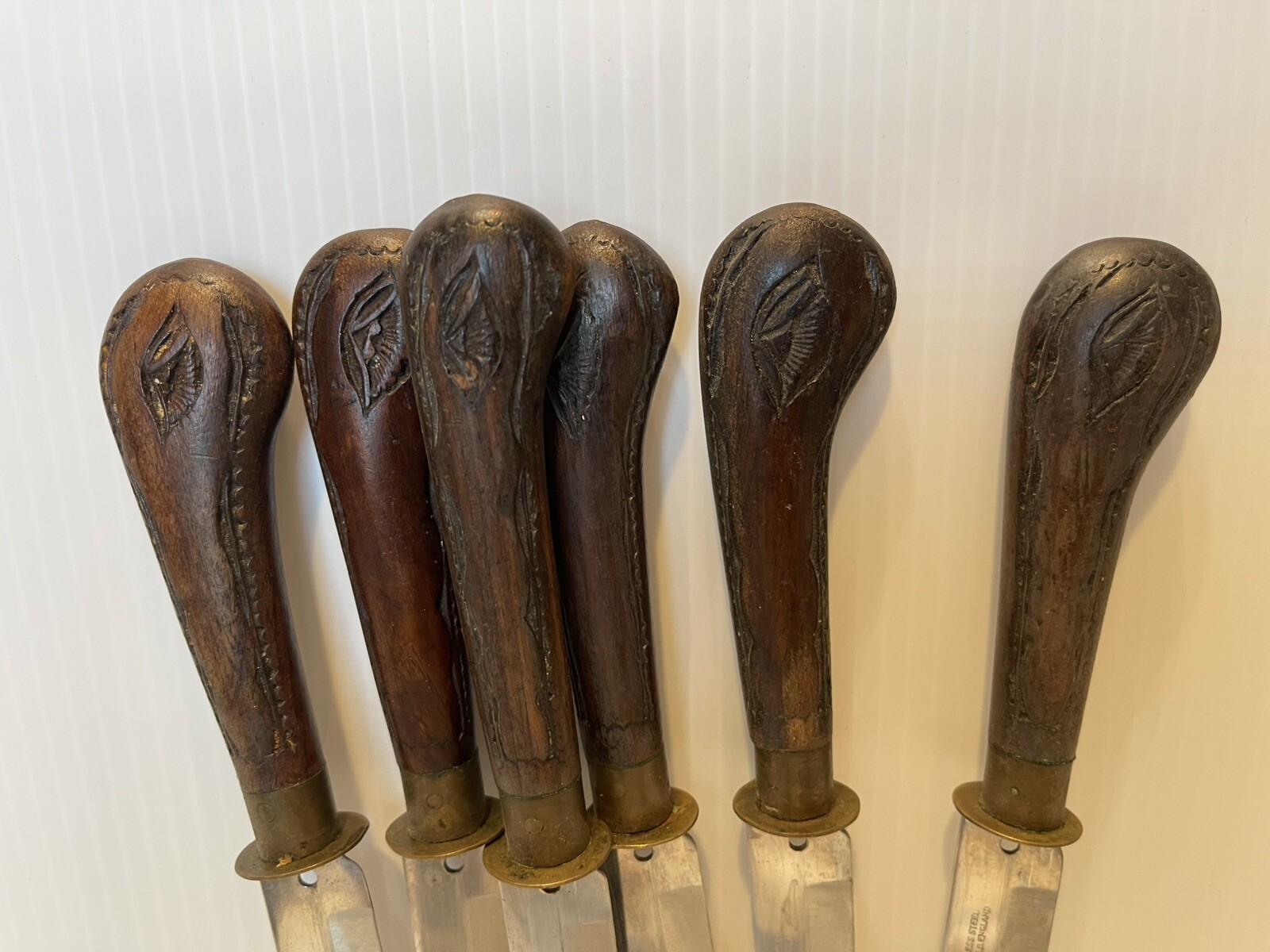 Antique Indian Hand Carved Wooden Case & Six Stainless Steel Wood Handle Knives.