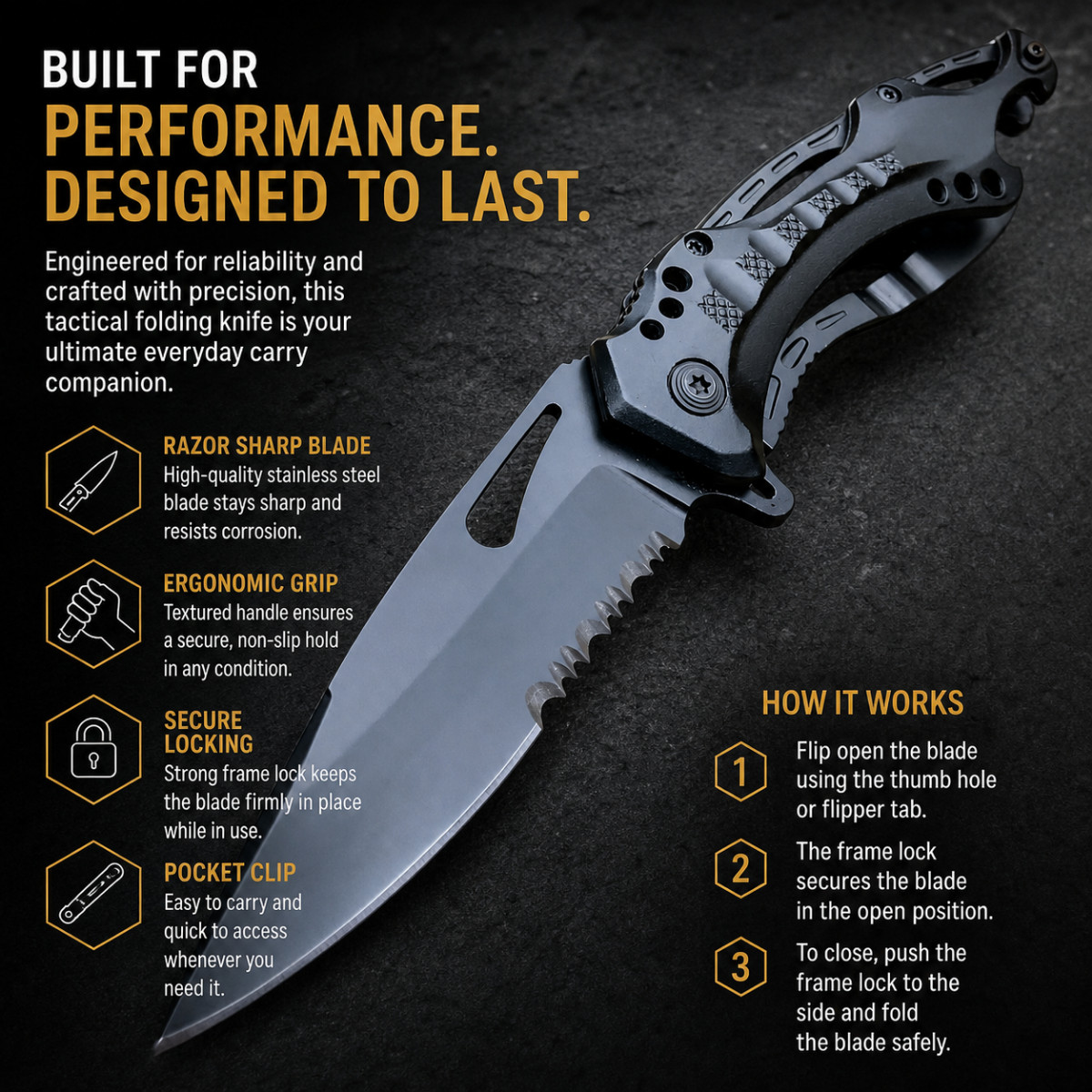 Spring Assisted Folding Knife Tac-Force Black EDC Pocket Clip Liner Lock