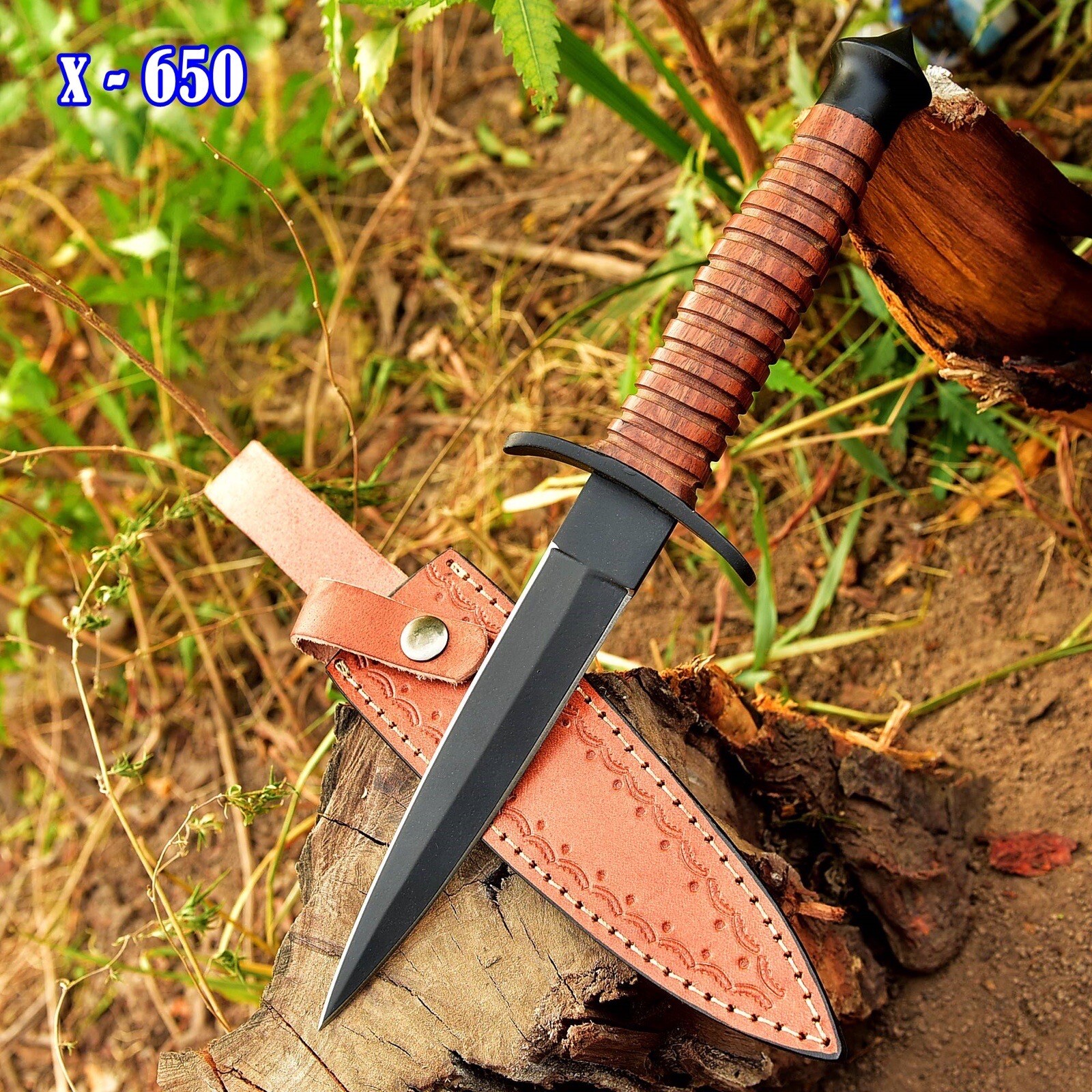 Vintage Handmade Double-Edged V42 Military Stacked Wood Stiletto Dagger Knife
