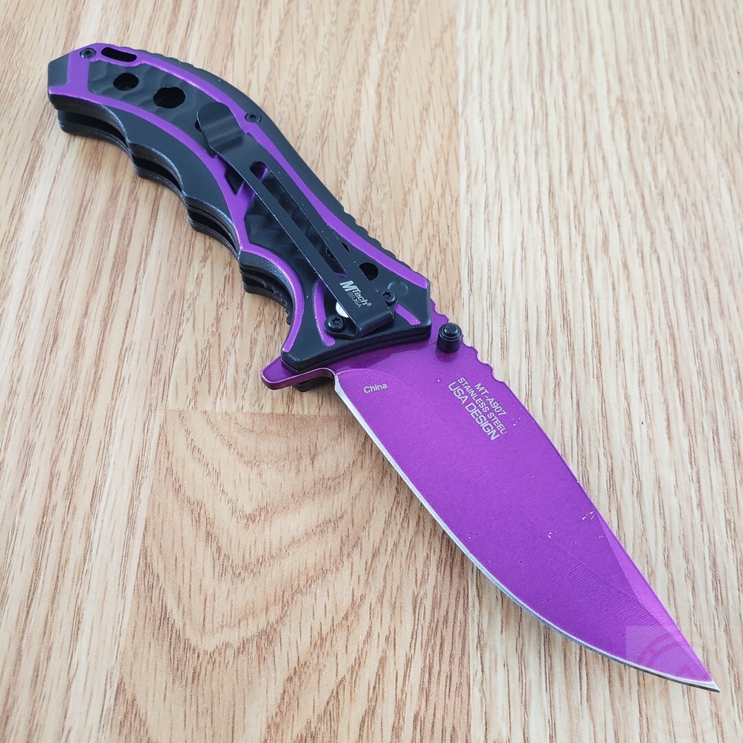 MTech Assisted Folding Knife 3.63″ Purple Stainless Steel Blade Aluminum Handle